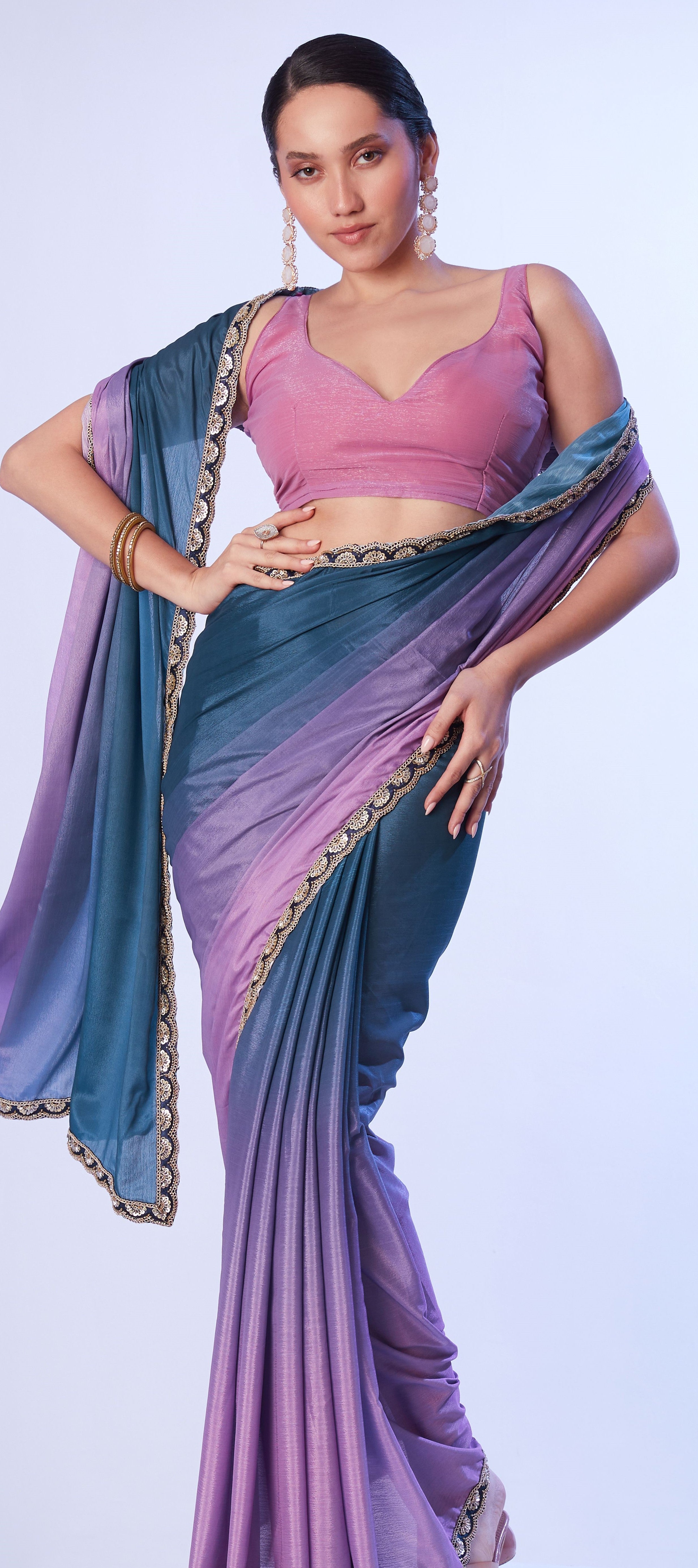 Teal Blue Beautiful Chinon Solid Designer Bollywood Party Saree