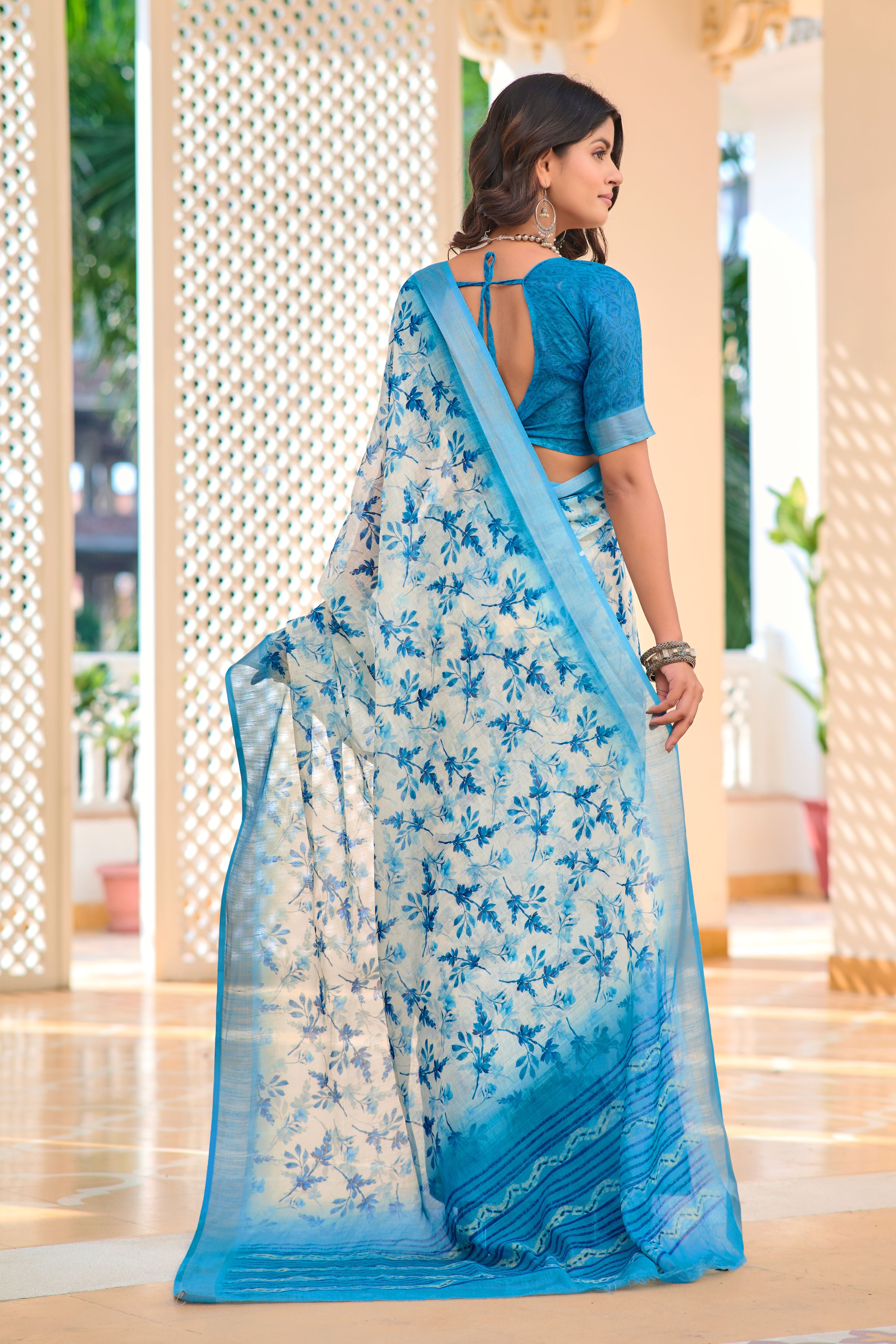 Teal Blue Beautiful Linen Cotton Designer Festive Wear Saree