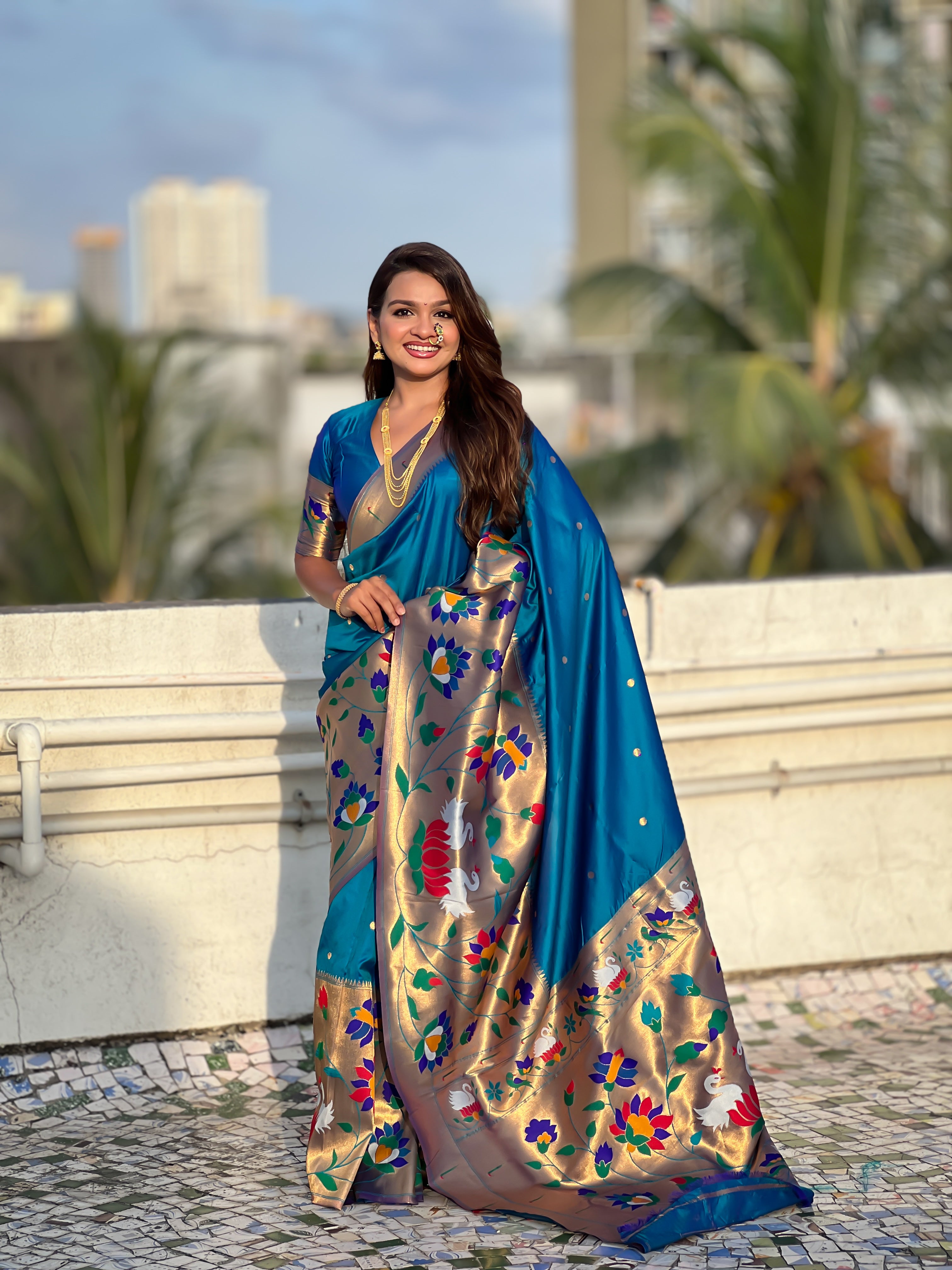 Teal Blue Beautiful Woven Meenakari Polka Designer Paithani Silk Ethnic Graceful Saree