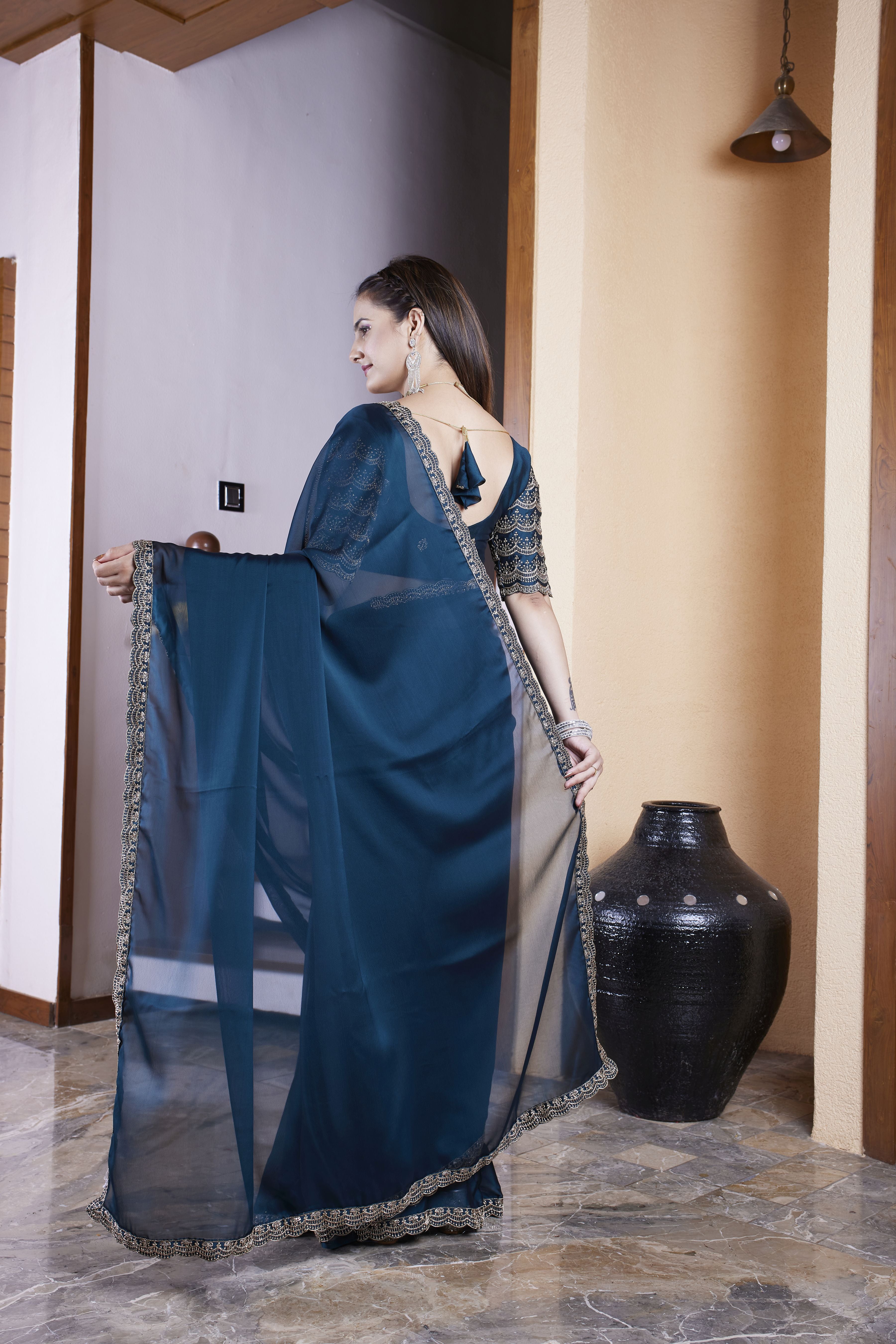 Teal Blue Chiffon Designer Embroidered Ceremonial Saree