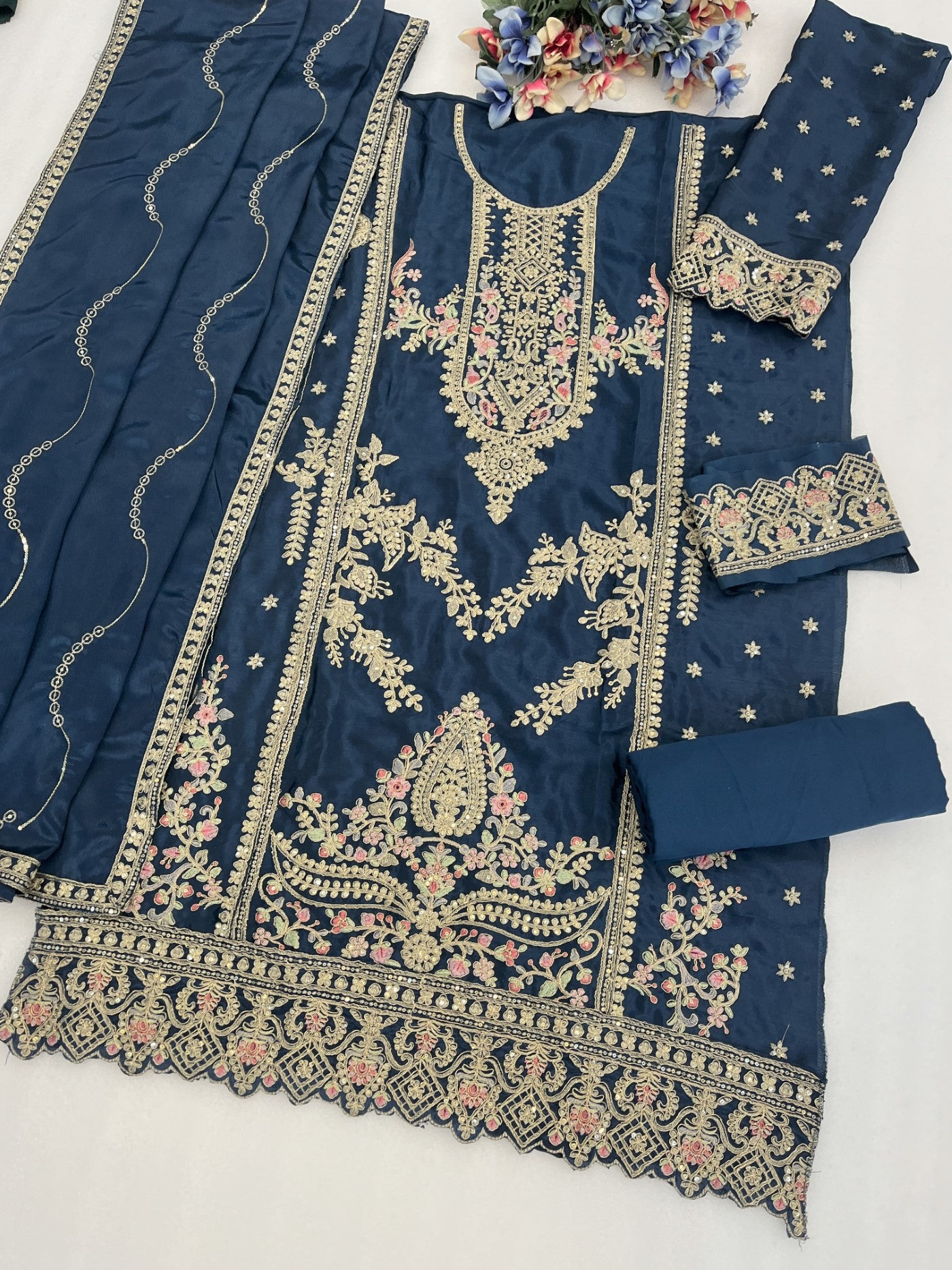 Teal Blue Chinon Designer Suit Set With Elegant Embroidery