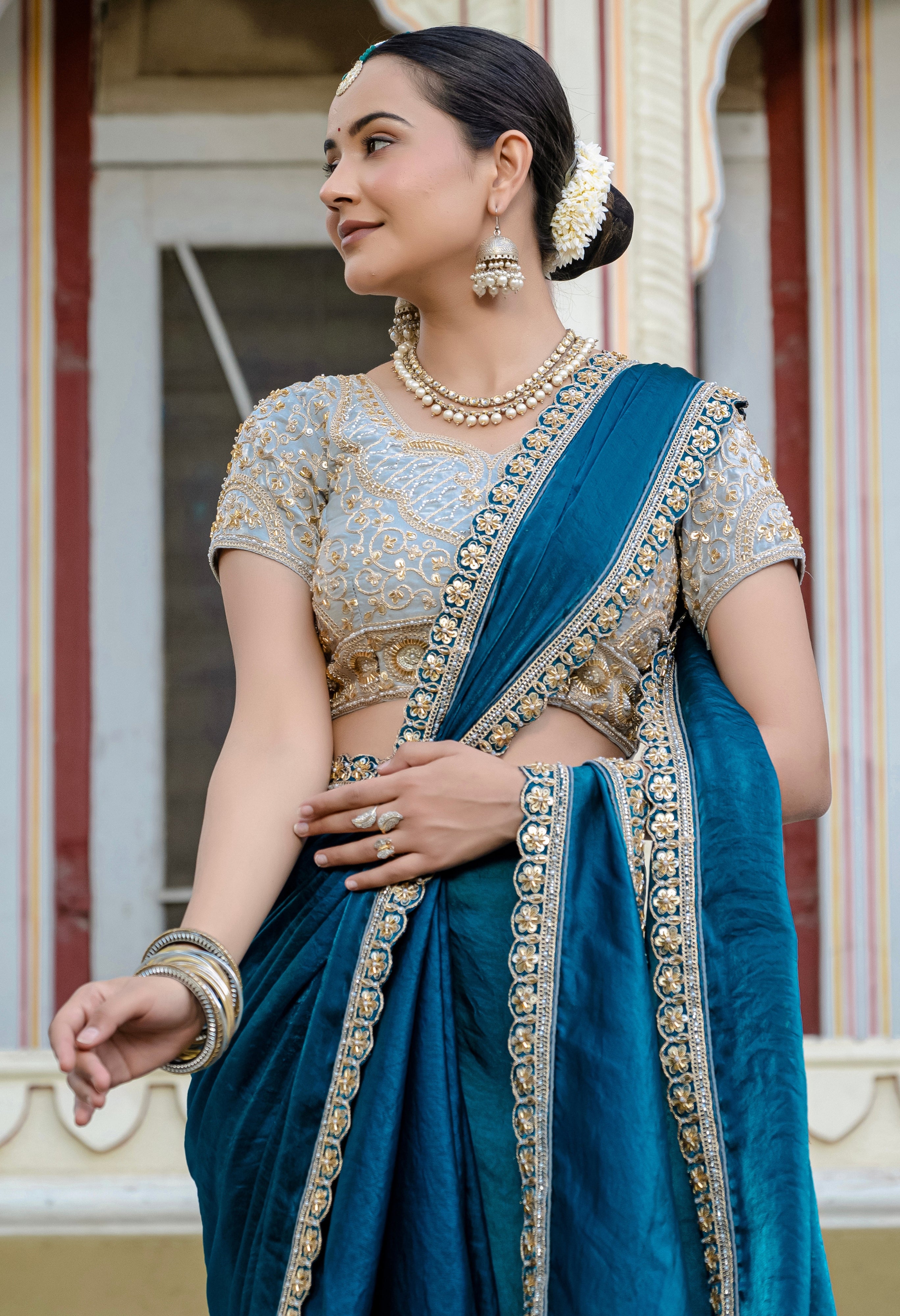 Teal Blue Color Satin with Velvet Lustre Saree With Handwork Lace