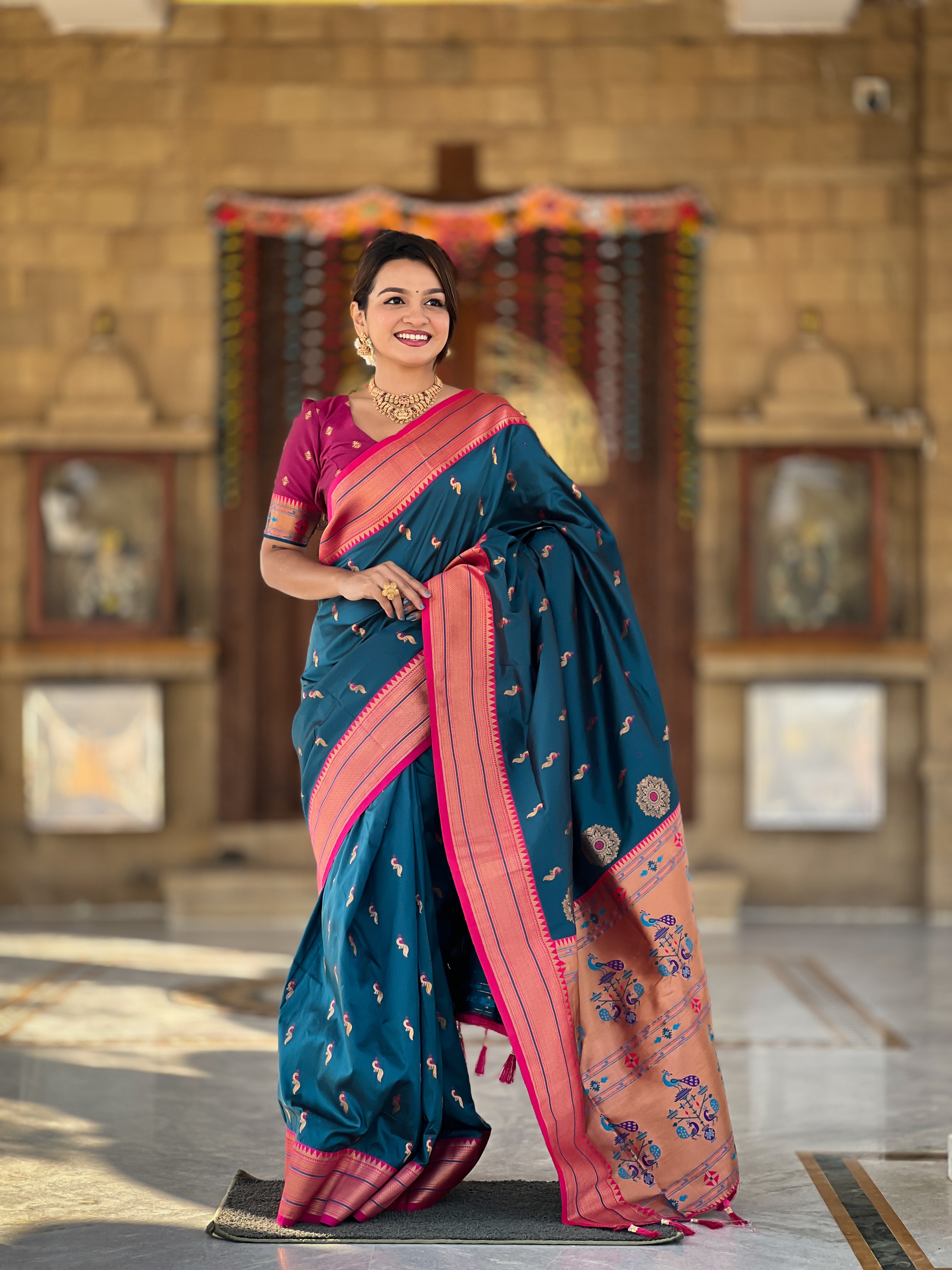 Teal Blue Ethnic Paithani Silk Woven Jacquard Designer Ceremonial Fancy Saree