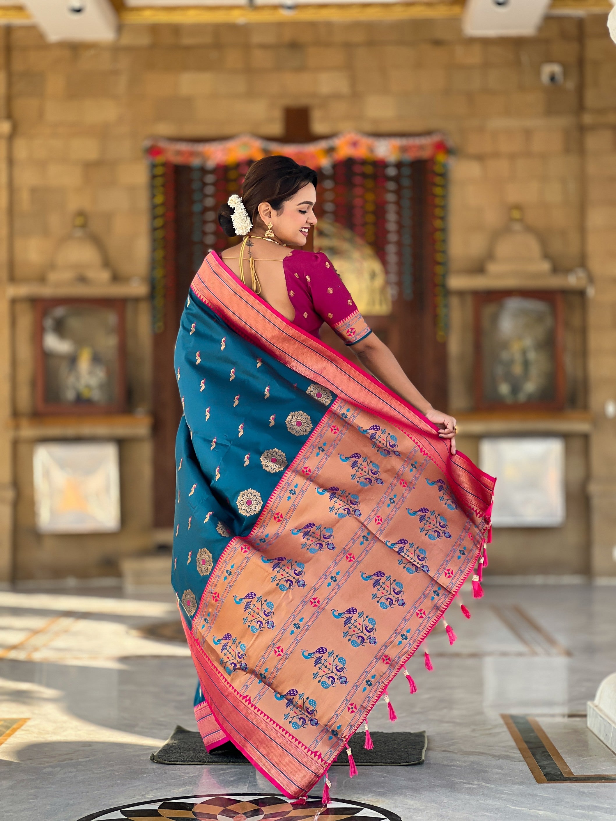 Teal Blue Ethnic Paithani Silk Woven Jacquard Designer Ceremonial Fancy Saree