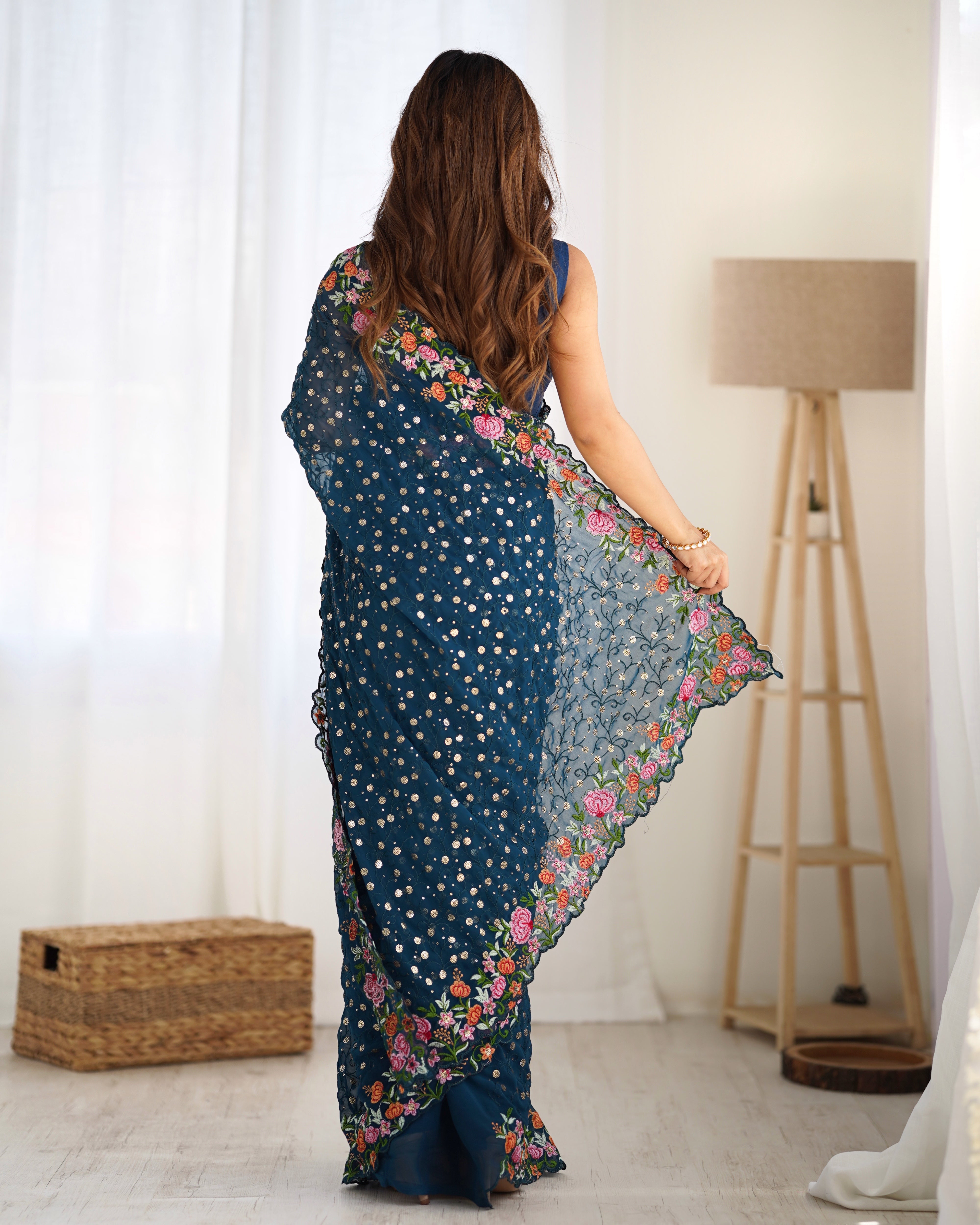 Teal Blue Georgette Fabric Designer Sequins Work Embroidery Saree