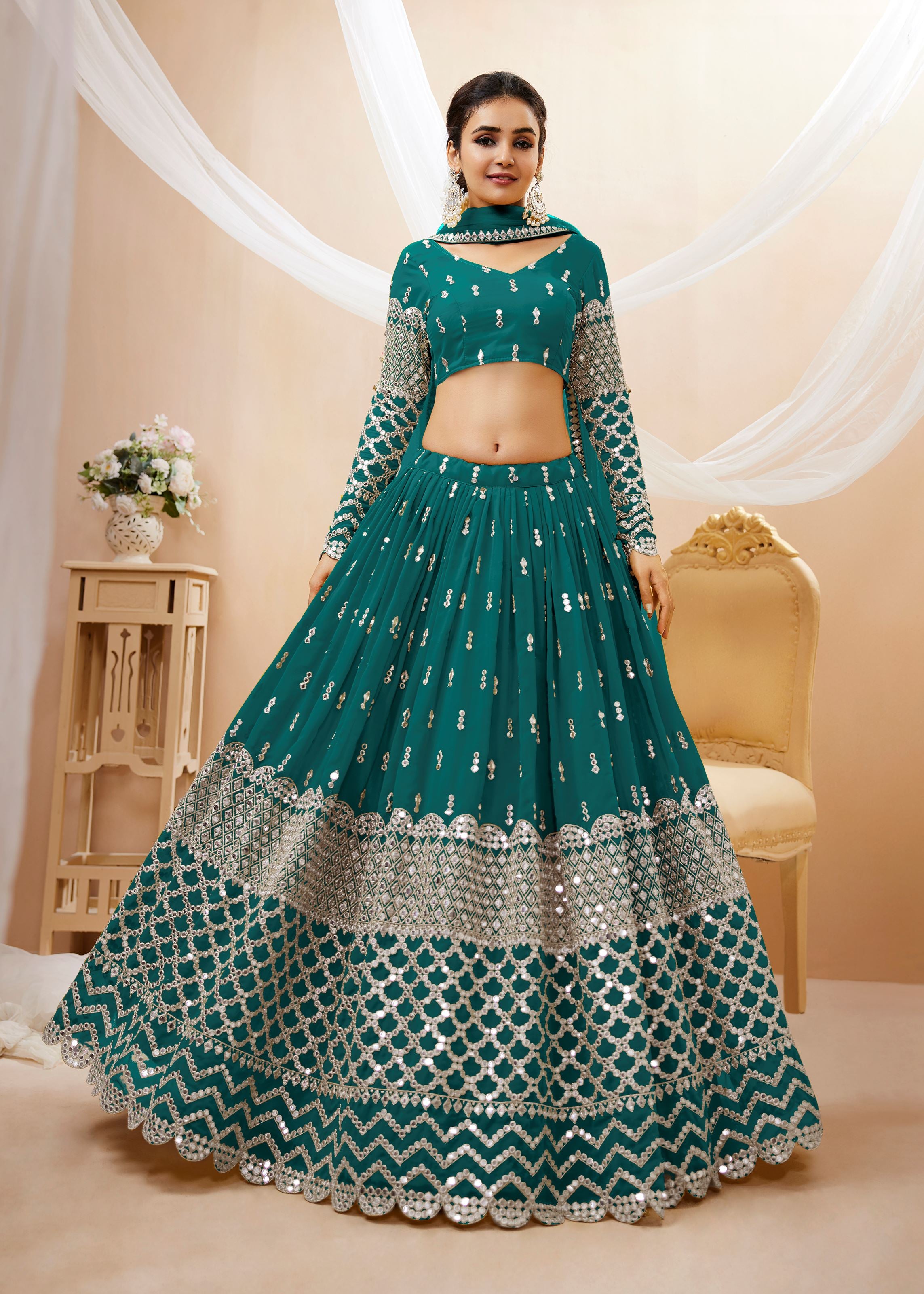 Teal Blue Georgette Lehenga Choli With Sequins Zari Embroidered Work