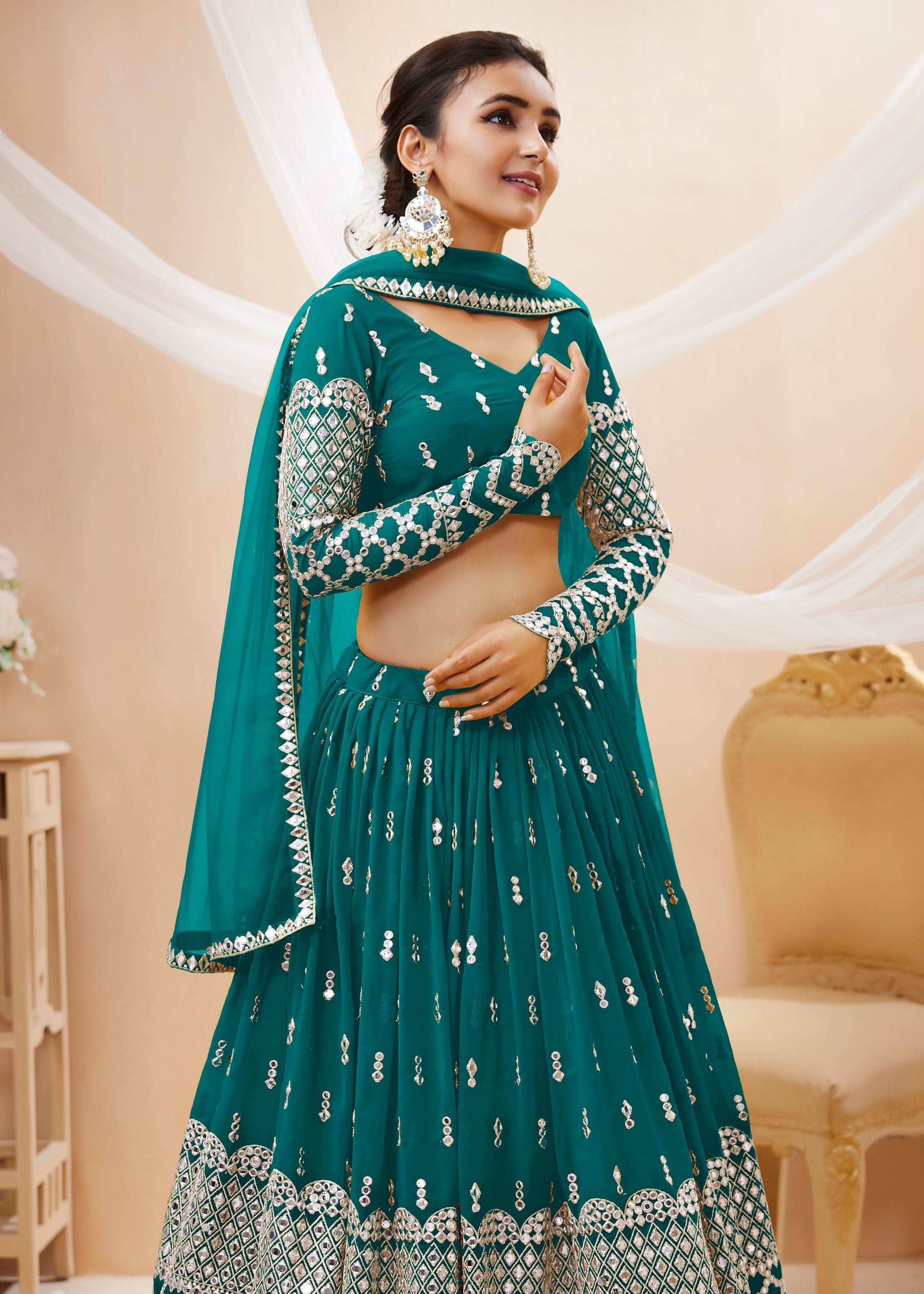 Teal Blue Georgette Lehenga Choli With Sequins Zari Embroidered Work