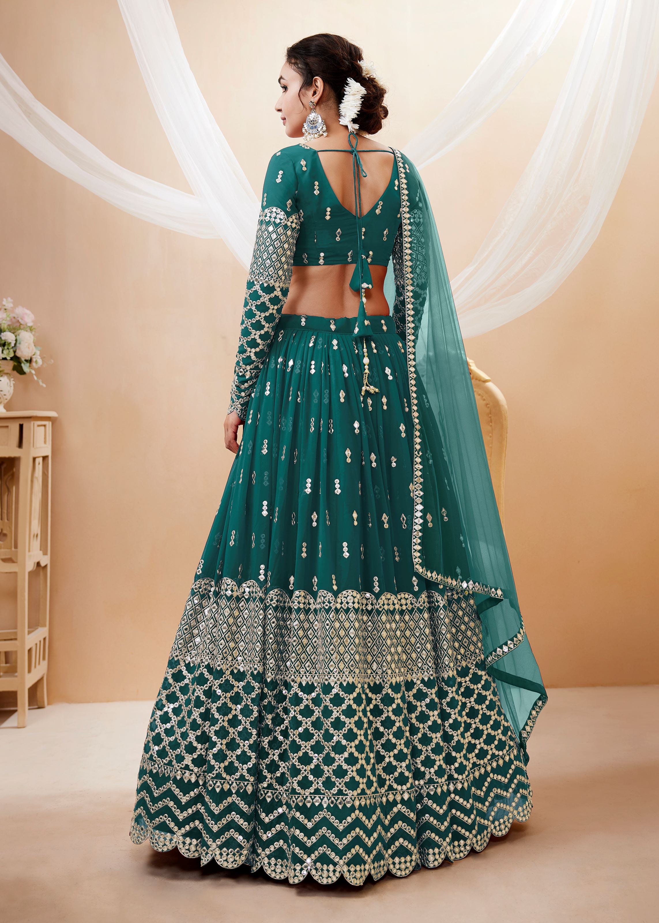 Teal Blue Georgette Lehenga Choli With Sequins Zari Embroidered Work