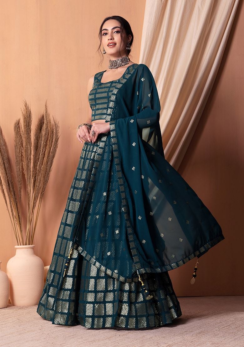 Teal Blue Georgette Lehenga Choli With Sequins & Thread Embroidery Work