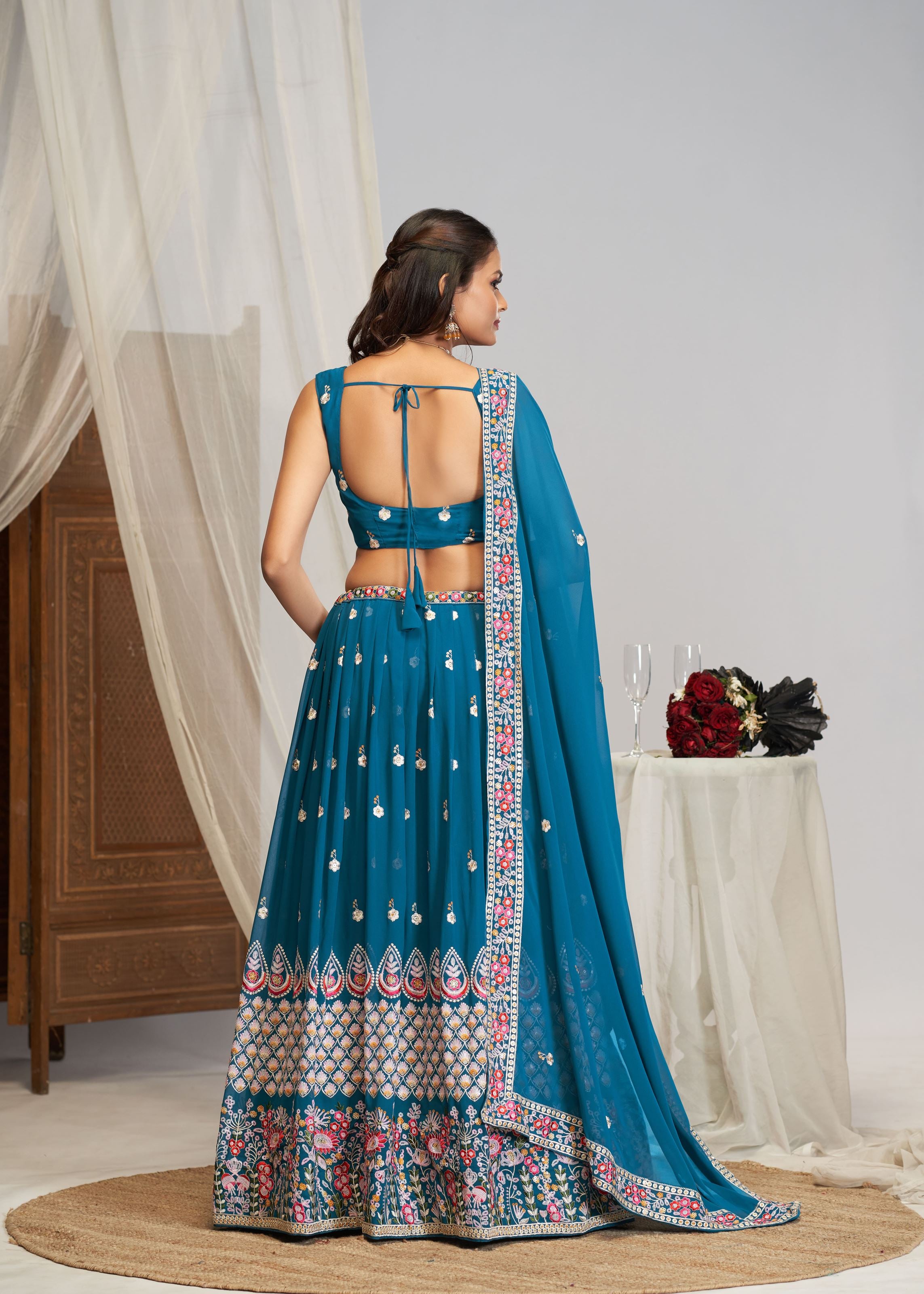 Teal Blue Georgette Sequence Zari, Thread Embroidery Work Lehenga Choli