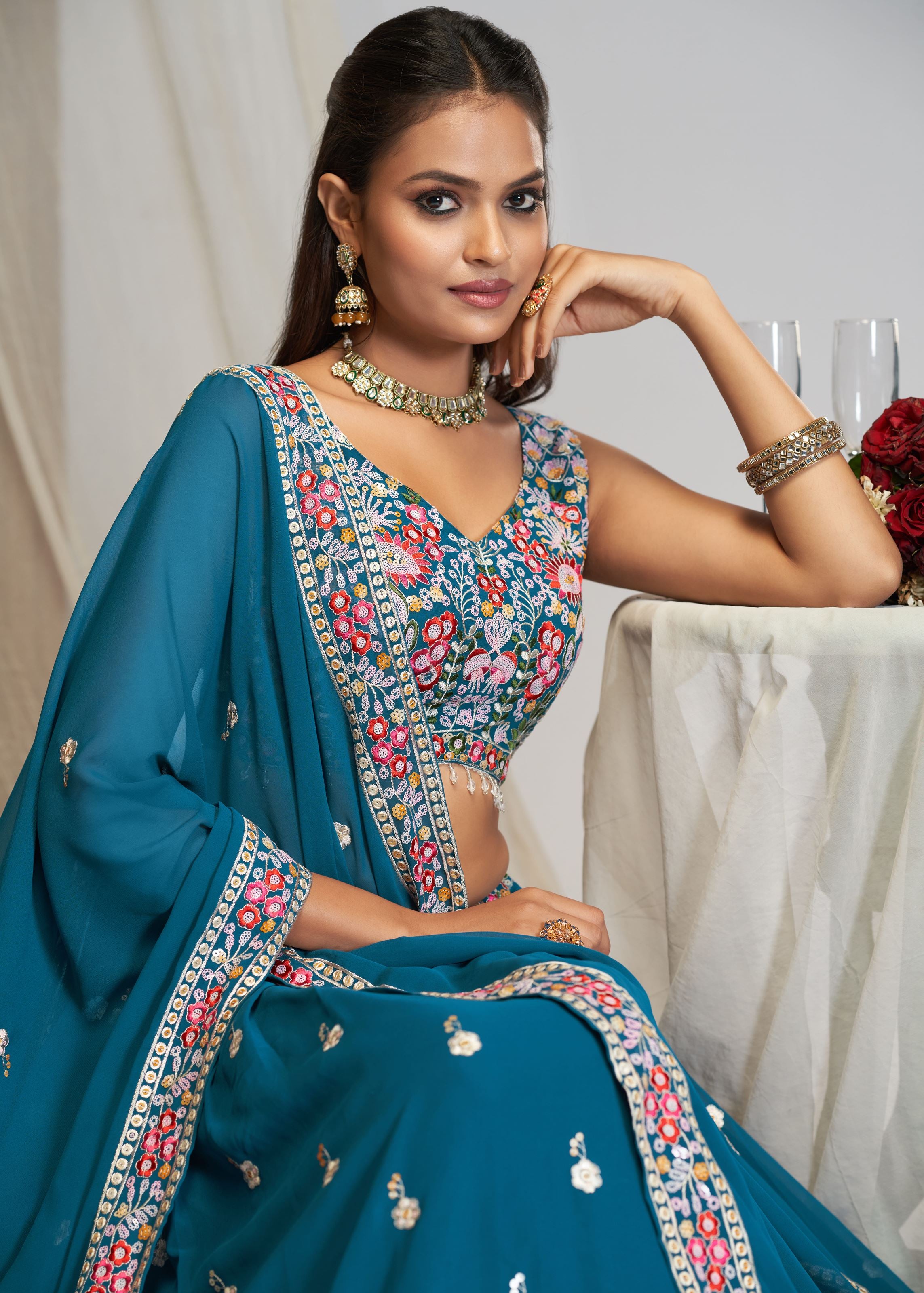 Teal Blue Georgette Sequence Zari, Thread Embroidery Work Lehenga Choli
