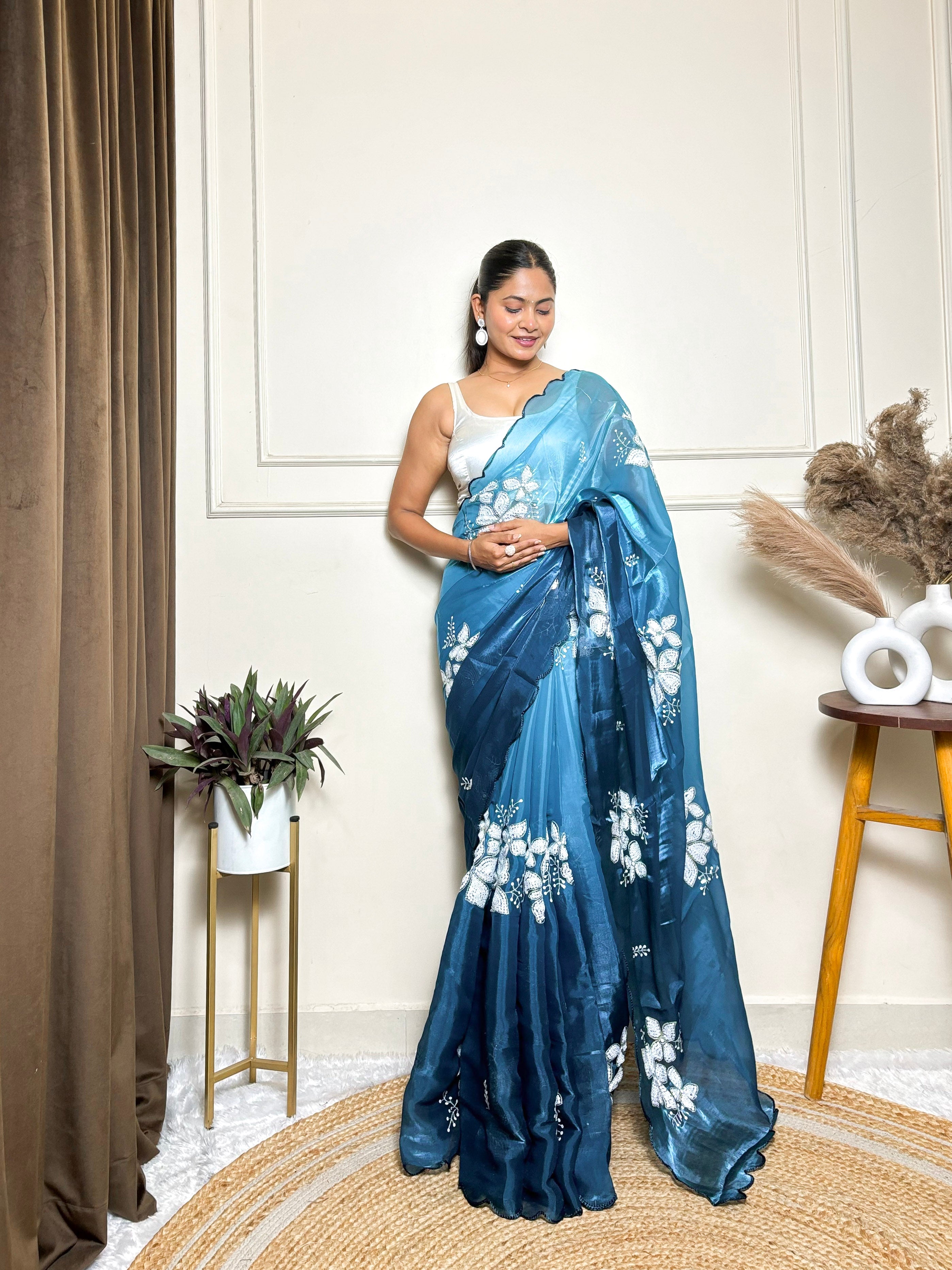 Teal Blue Jimmy Choo Beautiful Sequins Embroidery Work Bollywood Saree