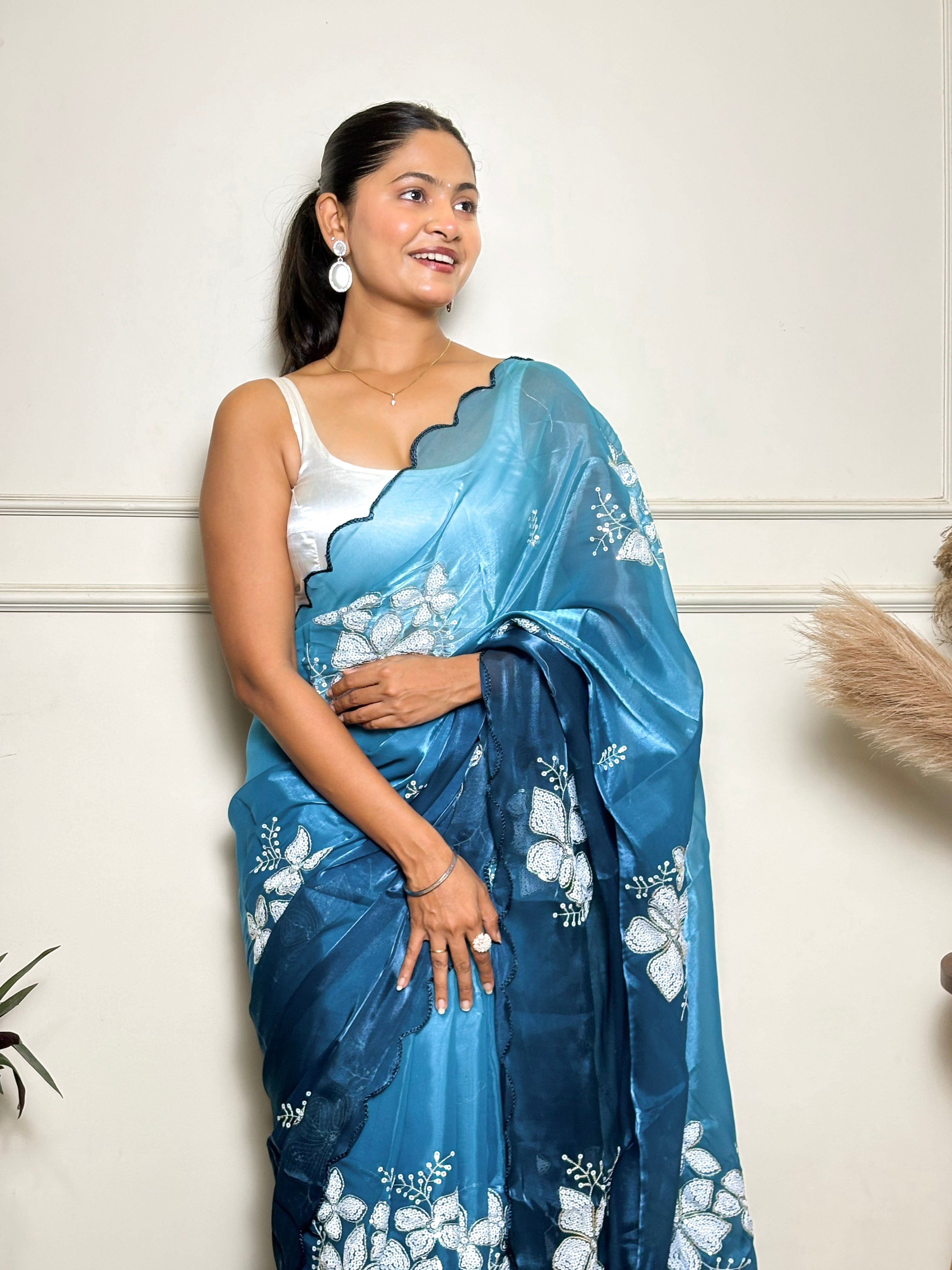 Teal Blue Jimmy Choo Beautiful Sequins Embroidery Work Bollywood Saree