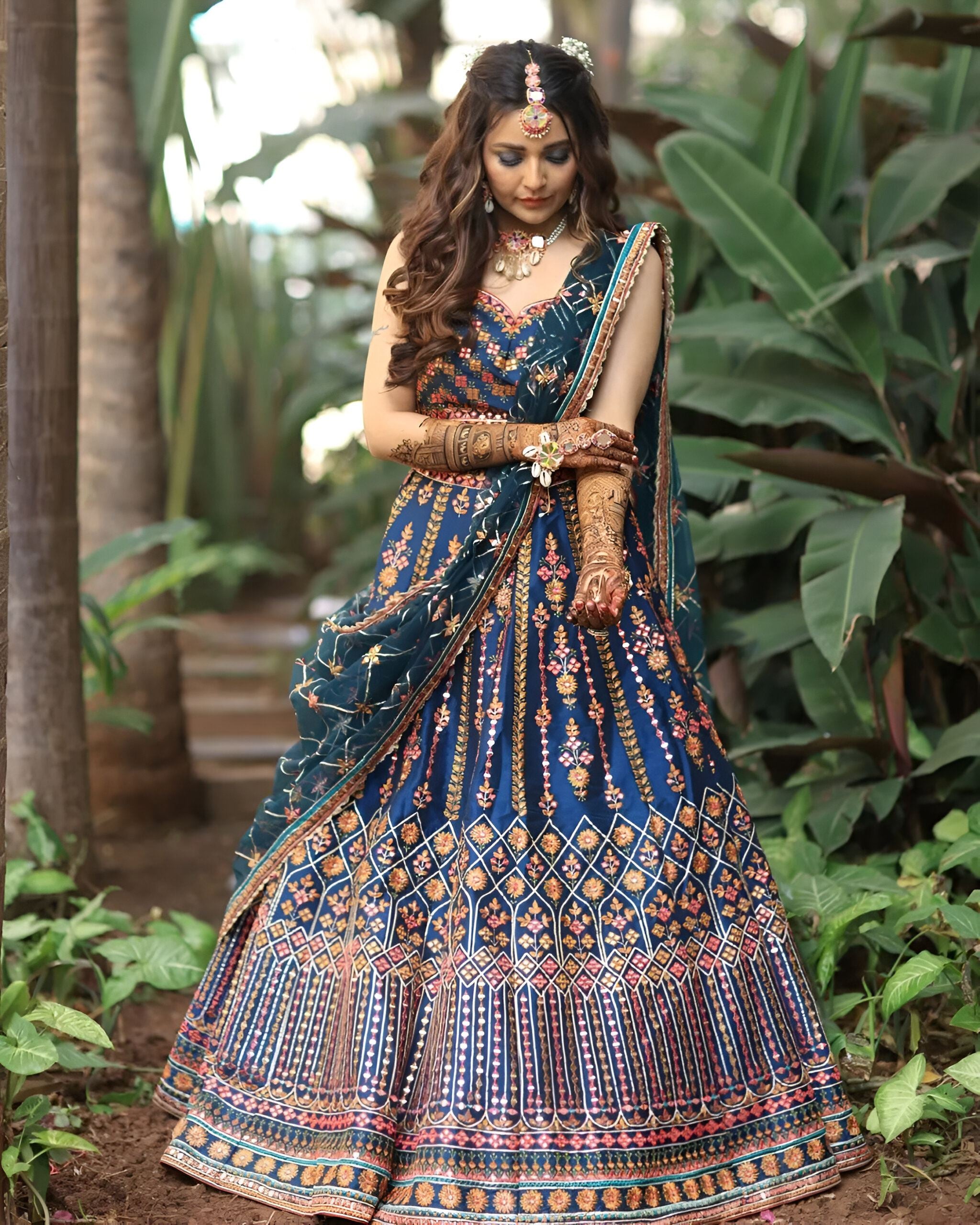 Teal Blue Lehenga Choli With Sequence With Thread And Jari Embroidery Work