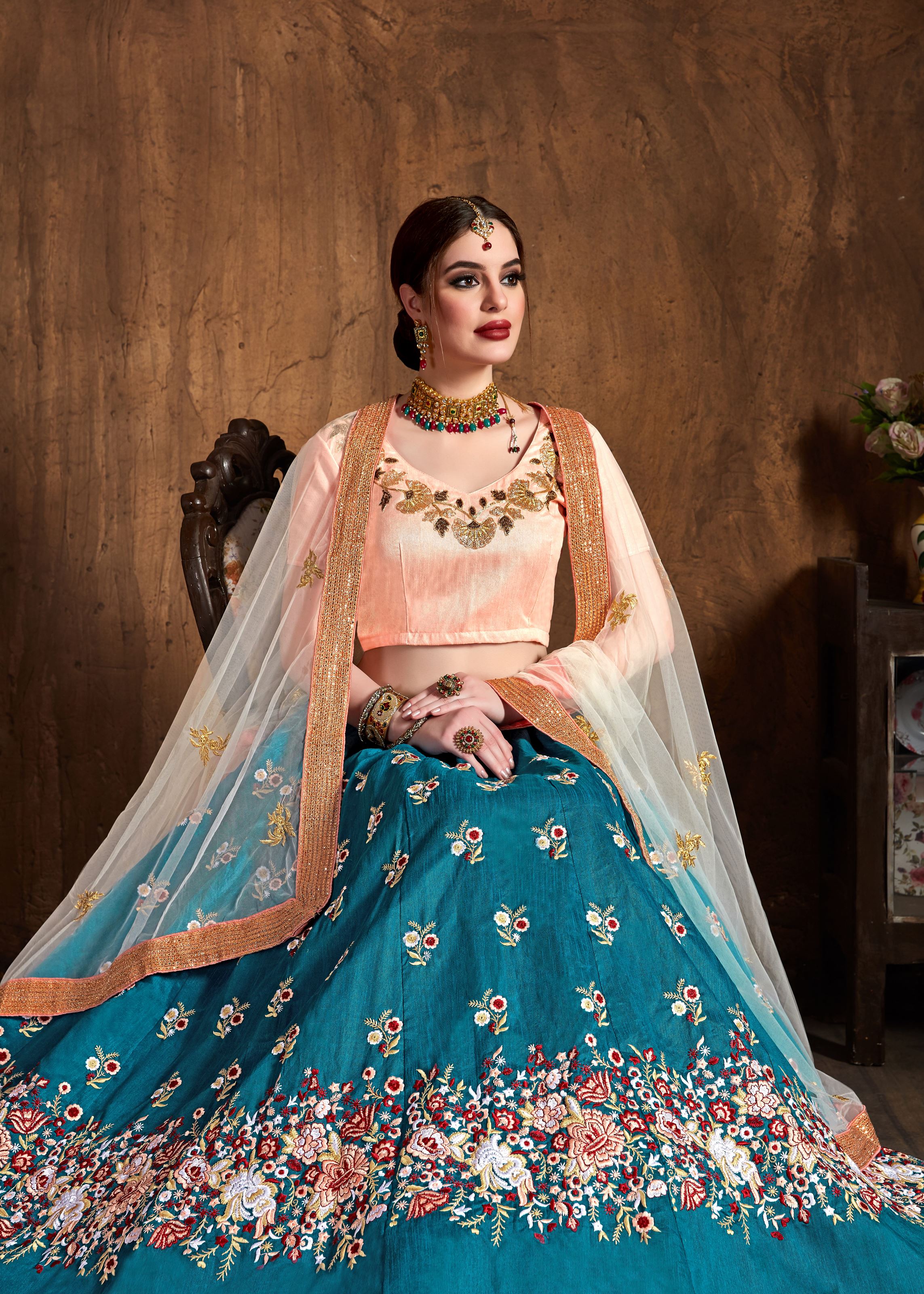 Teal Blue Lehenga Choli With Sequins, Resham Thread And Dori Embroidery