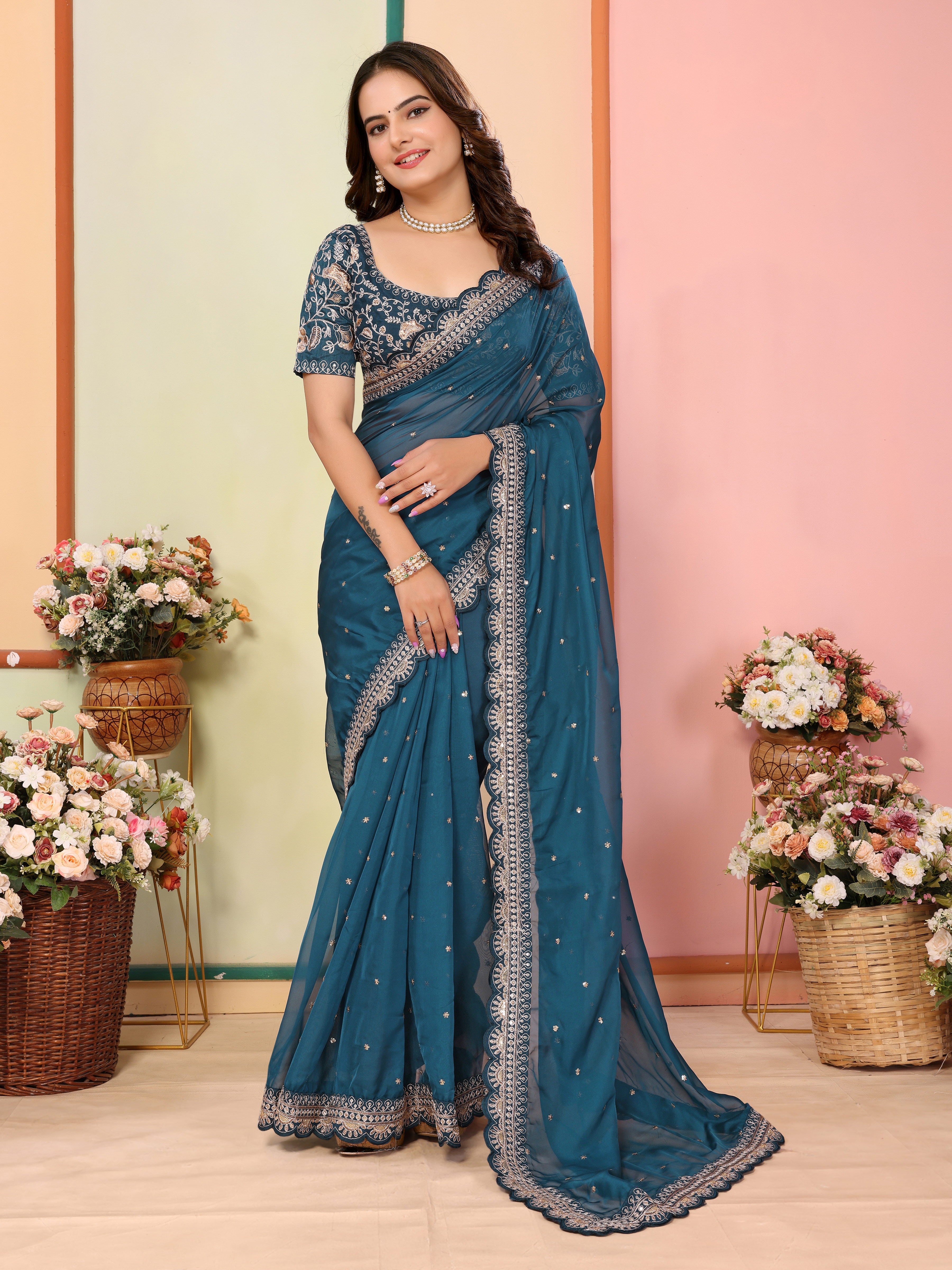 Teal Blue Organza Designer Embroidery Work Patywear Saree