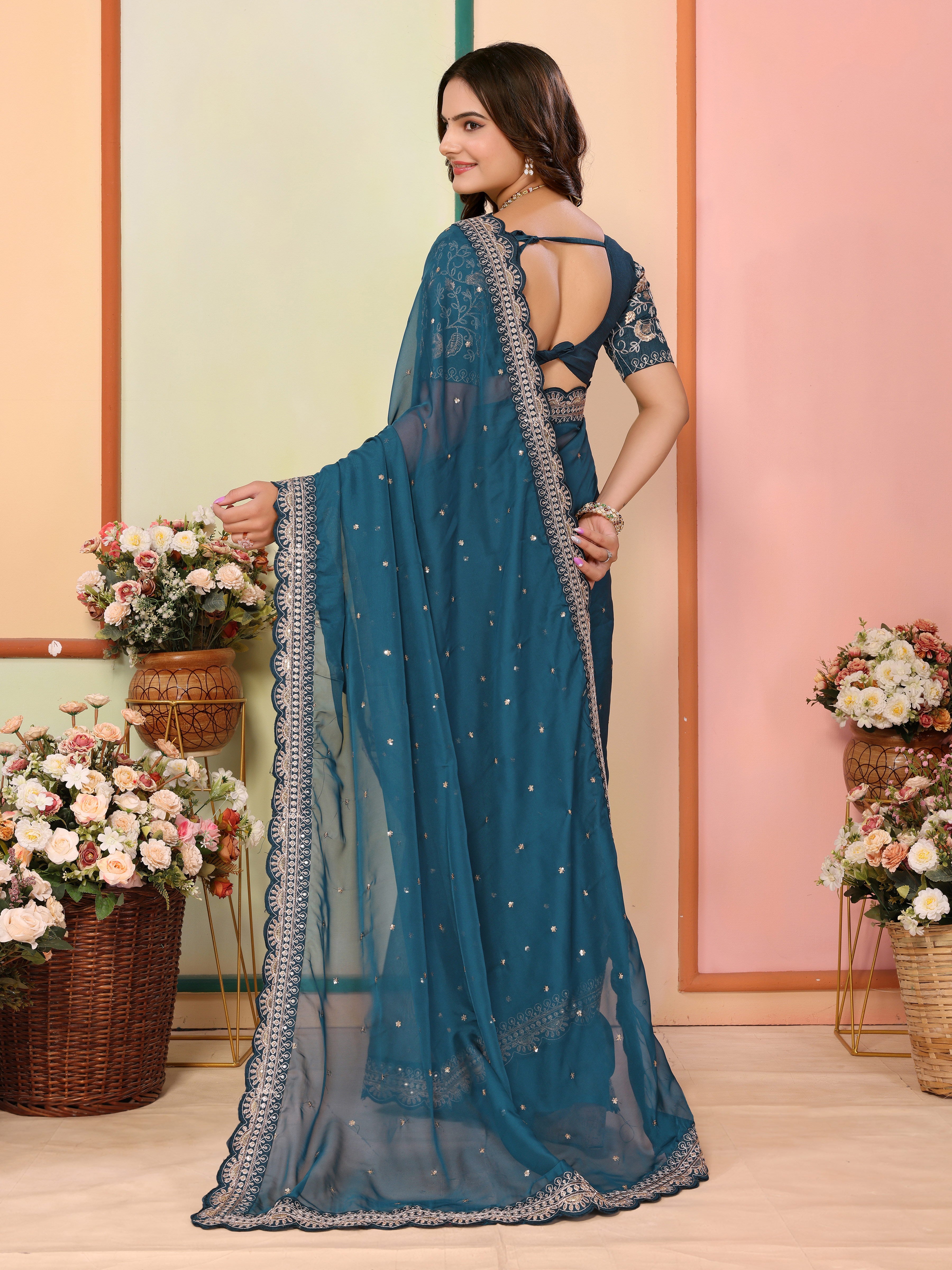 Teal Blue Organza Designer Embroidery Work Patywear Saree