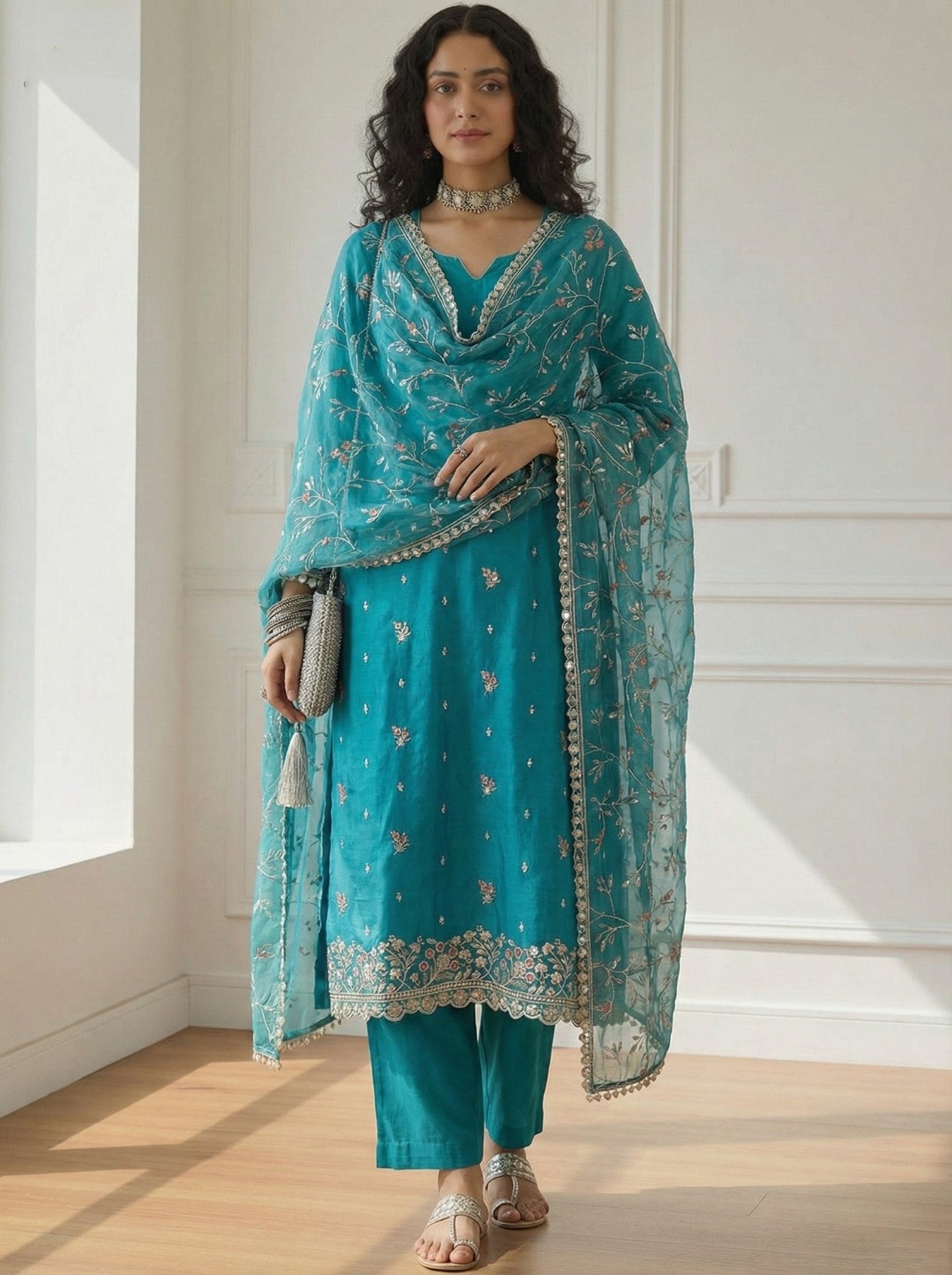 Teal Blue Organza Salwar Suit With Thread Embroidery