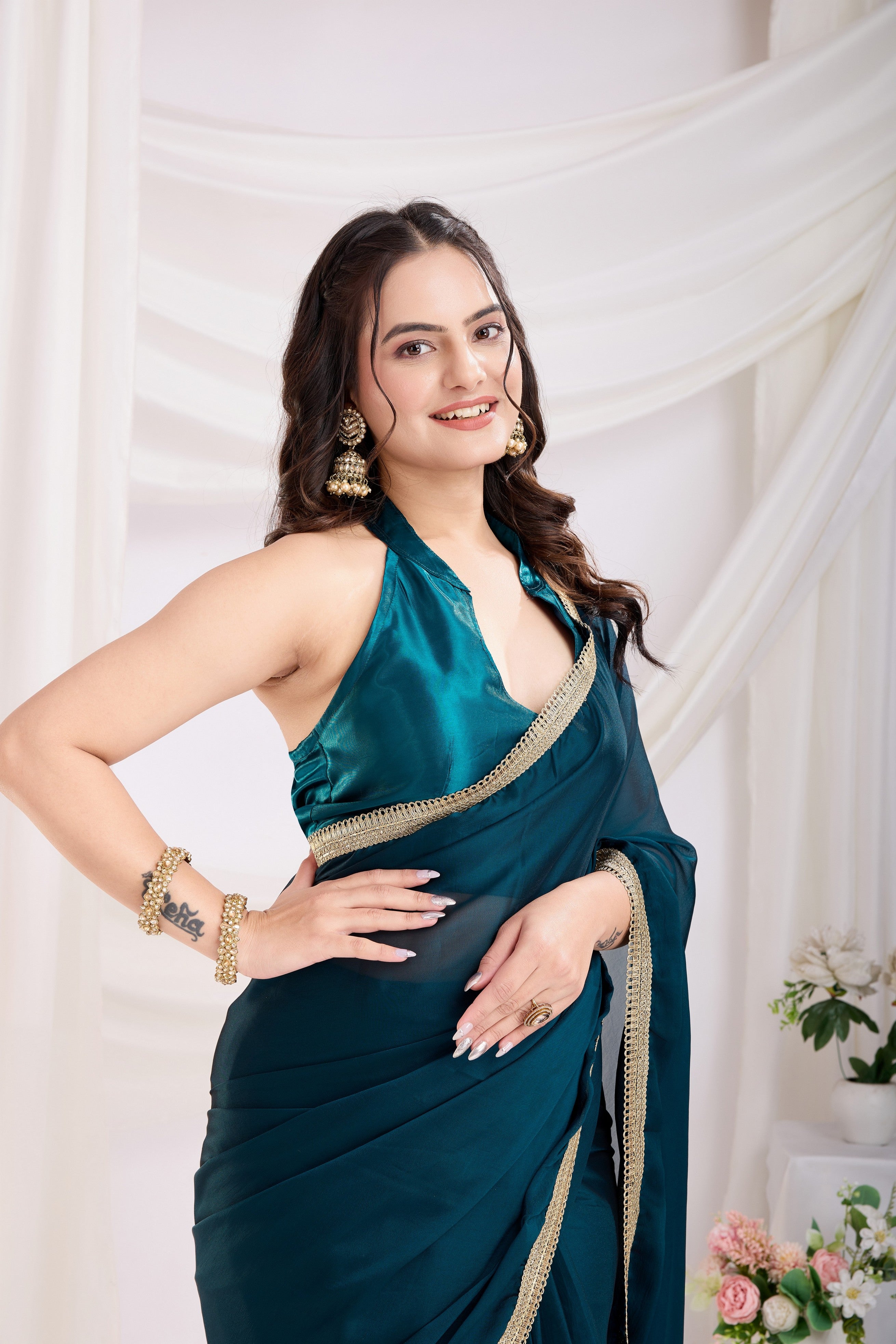 Teal Blue Rangoli Silk Pre Stitched Solid Printed Saree With Lace Border