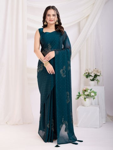 Teal Blue Rangoli Silk Ready To Wear Saree With Swarovski Work