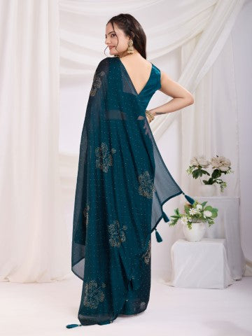 Teal Blue Rangoli Silk Ready To Wear Saree With Swarovski Work