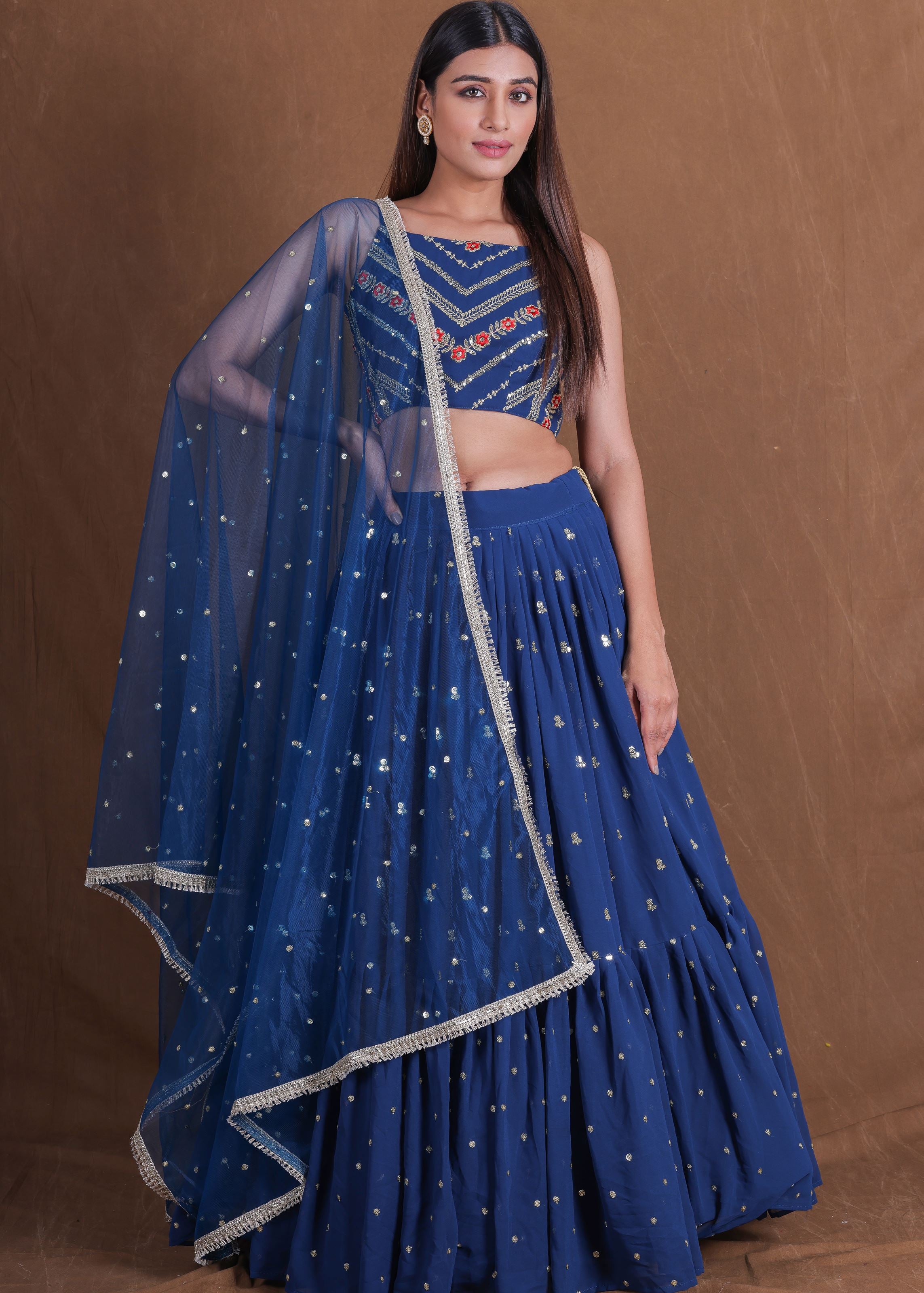 Teal Blue Ruffle Style Sequence Embroidery Work Lehenga Choli