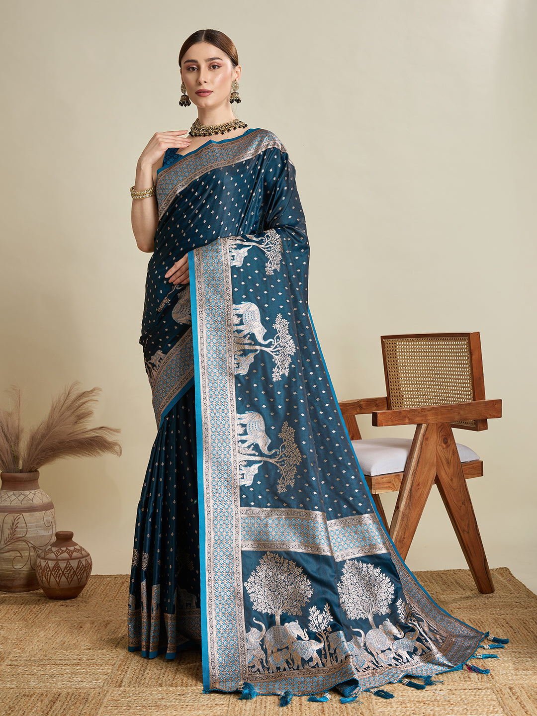 Teal Blue Satin Silk Woven Designer Partywear Saree