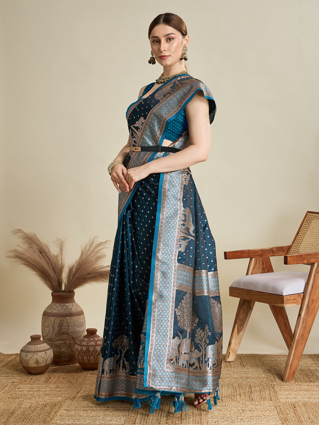 Teal Blue Satin Silk Woven Designer Partywear Saree