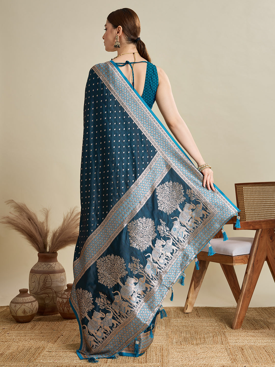 Teal Blue Satin Silk Woven Designer Partywear Saree