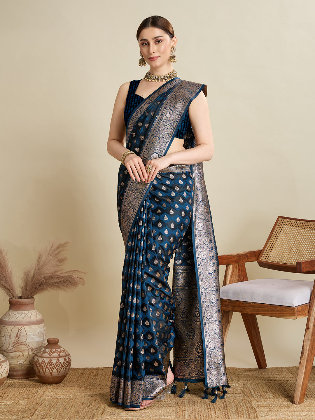 Teal Blue Satin Silk Woven Jari Designer Graceful Ethnic Saree