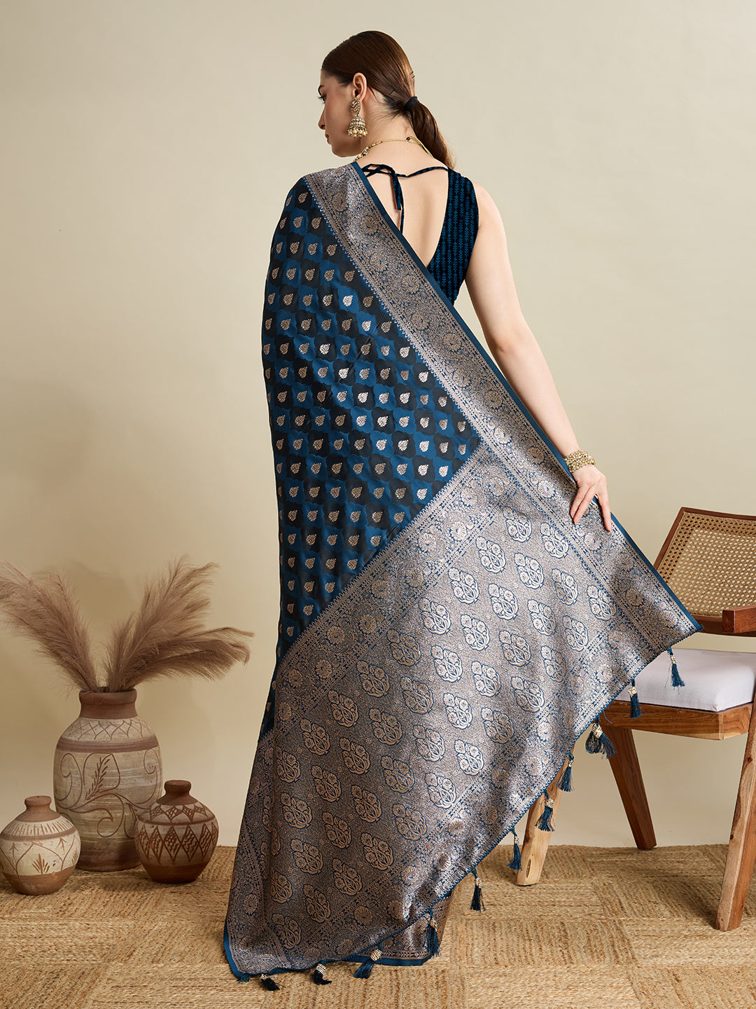 Teal Blue Satin Silk Woven Jari Designer Graceful Ethnic Saree