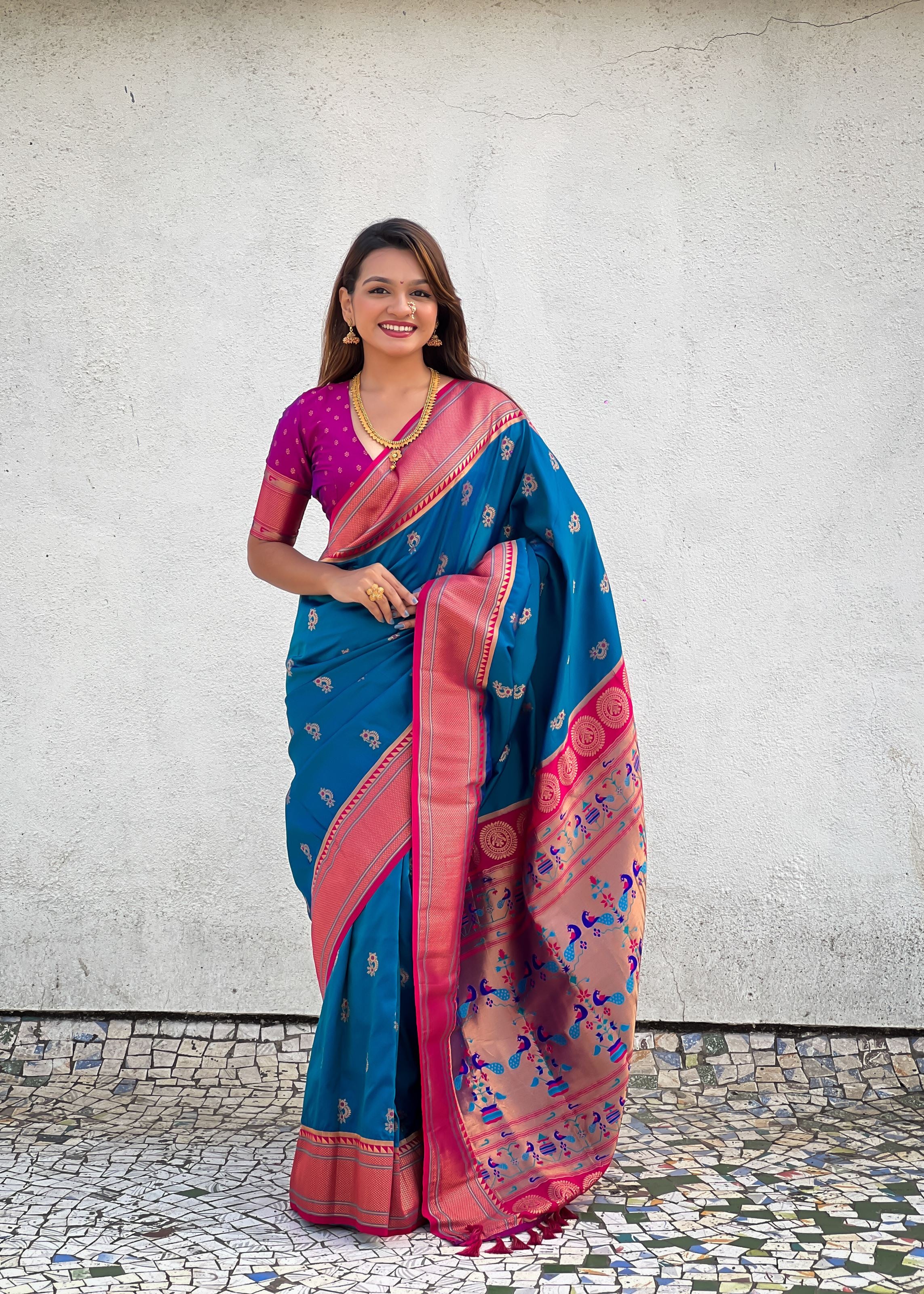 Teal Blue Silk Blend Paithani Saree With Woven Work