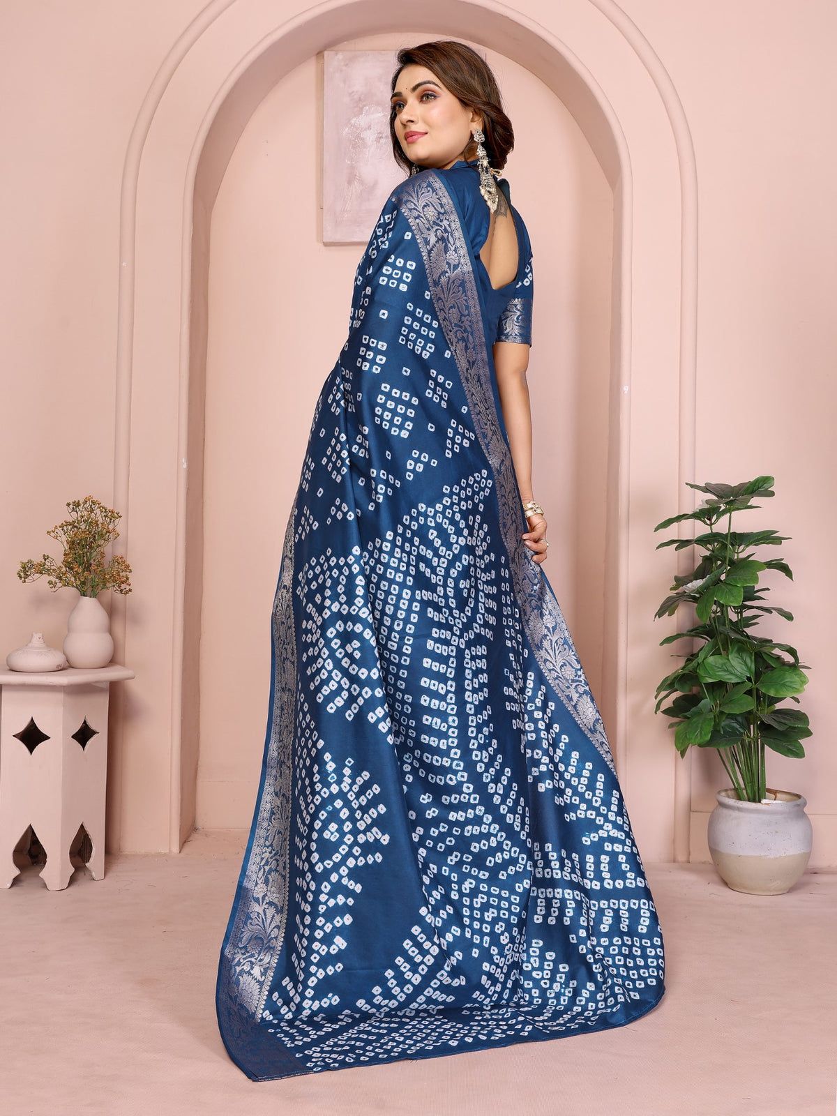 Teal Blue Silk Saree With Bandhej And Traditional Zari Weaving