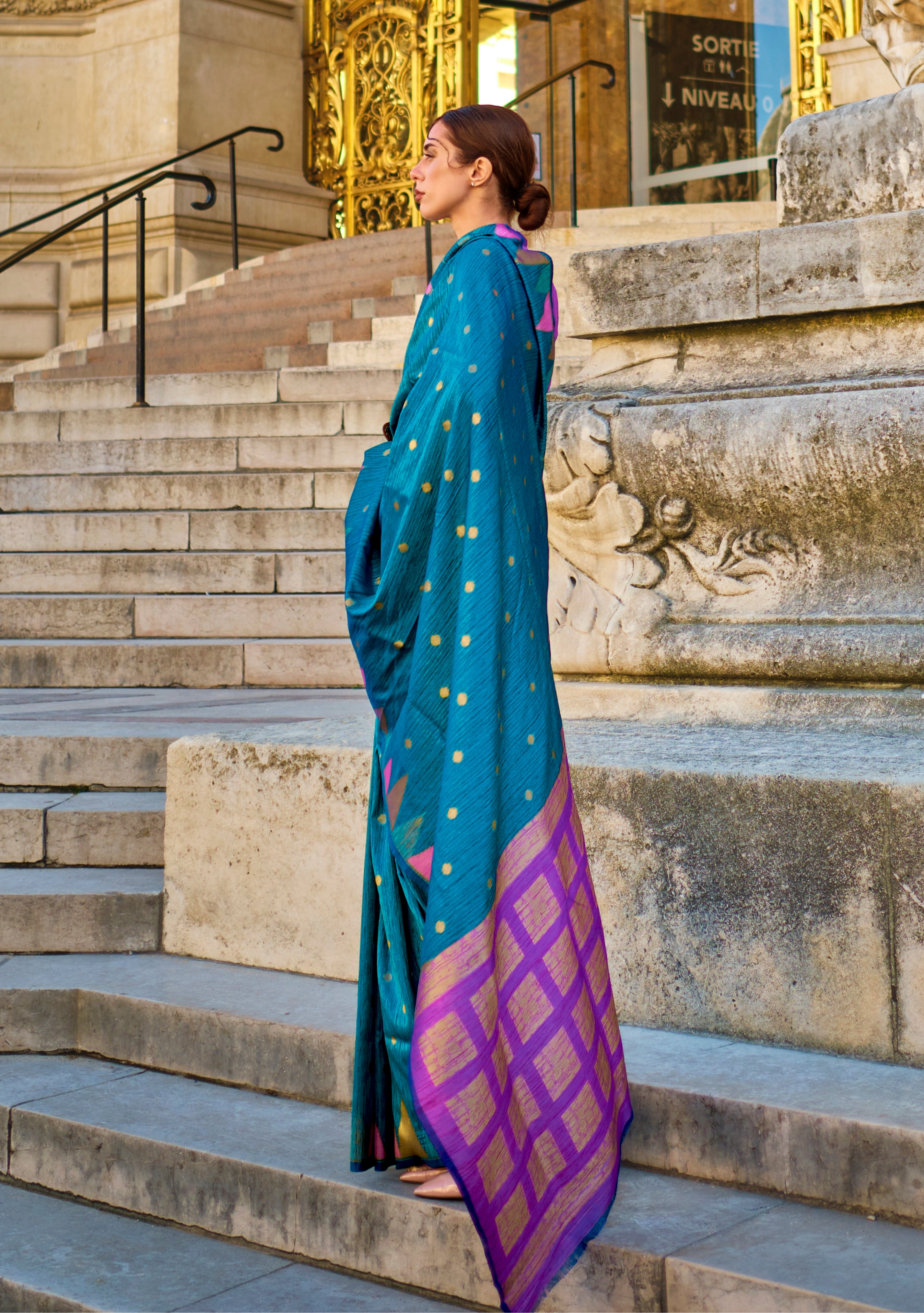 Teal Blue Silk Saree With Jacquard Woven