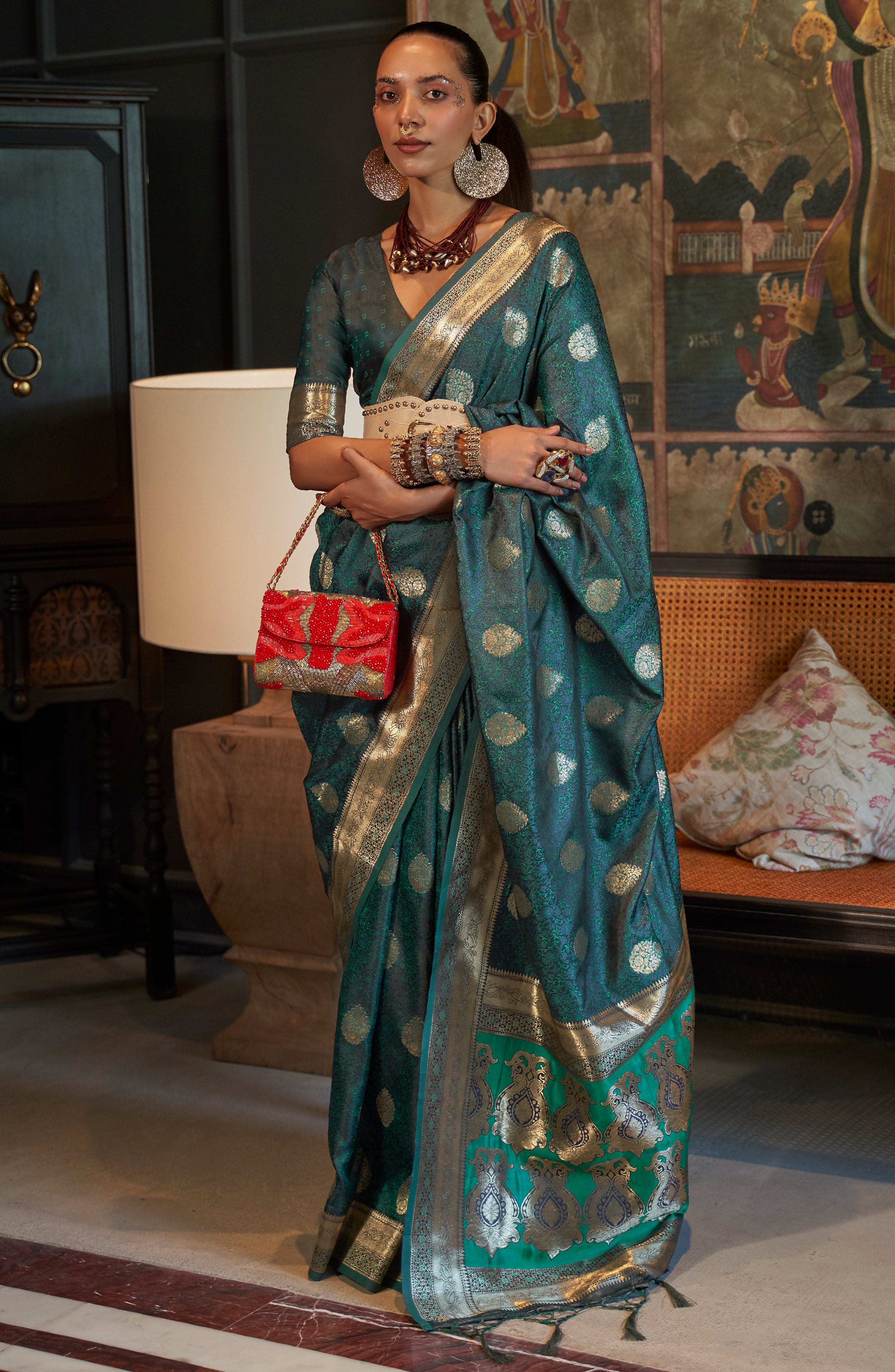 Teal Blue Silk Saree with Jacquard Woven Work