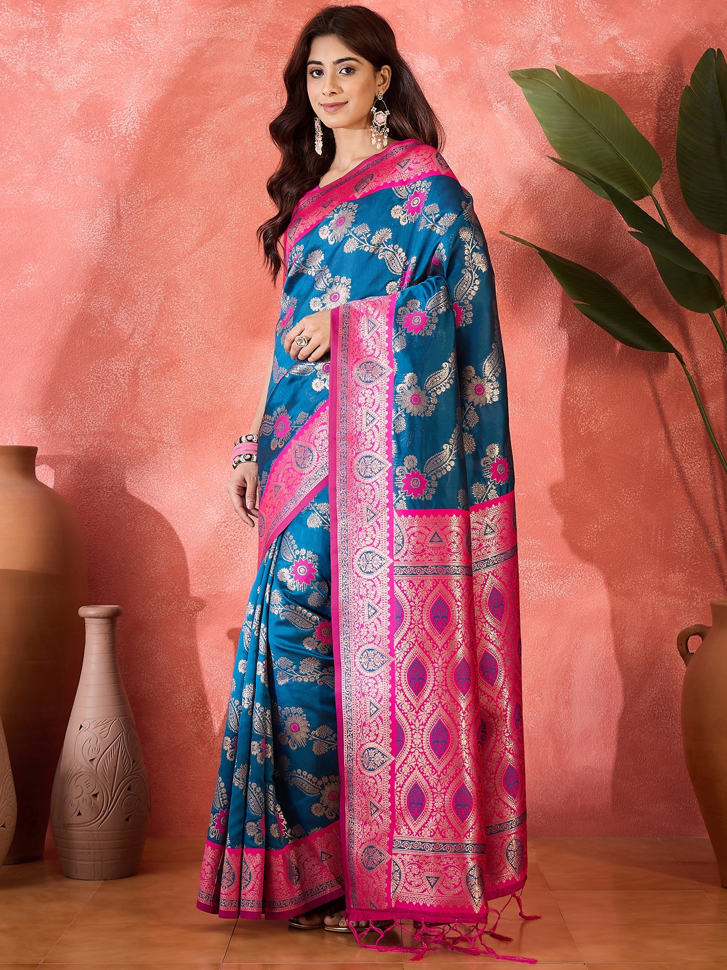 Teal Blue Silk Woven Designer Partywear Ethnic Silk Saree