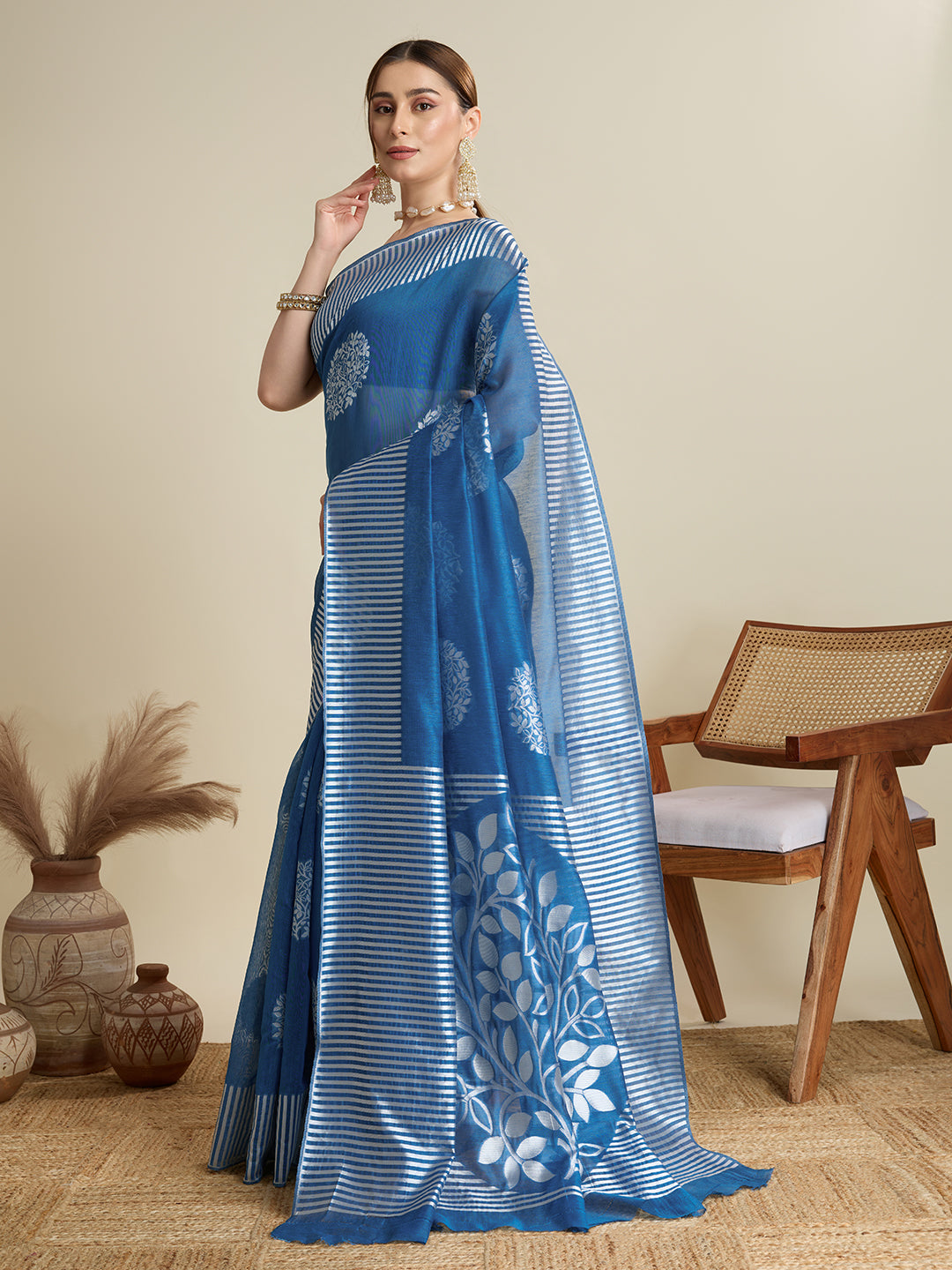 Teal Blue Soft Silk Woven Flower Designer Stylish Partywear Saree