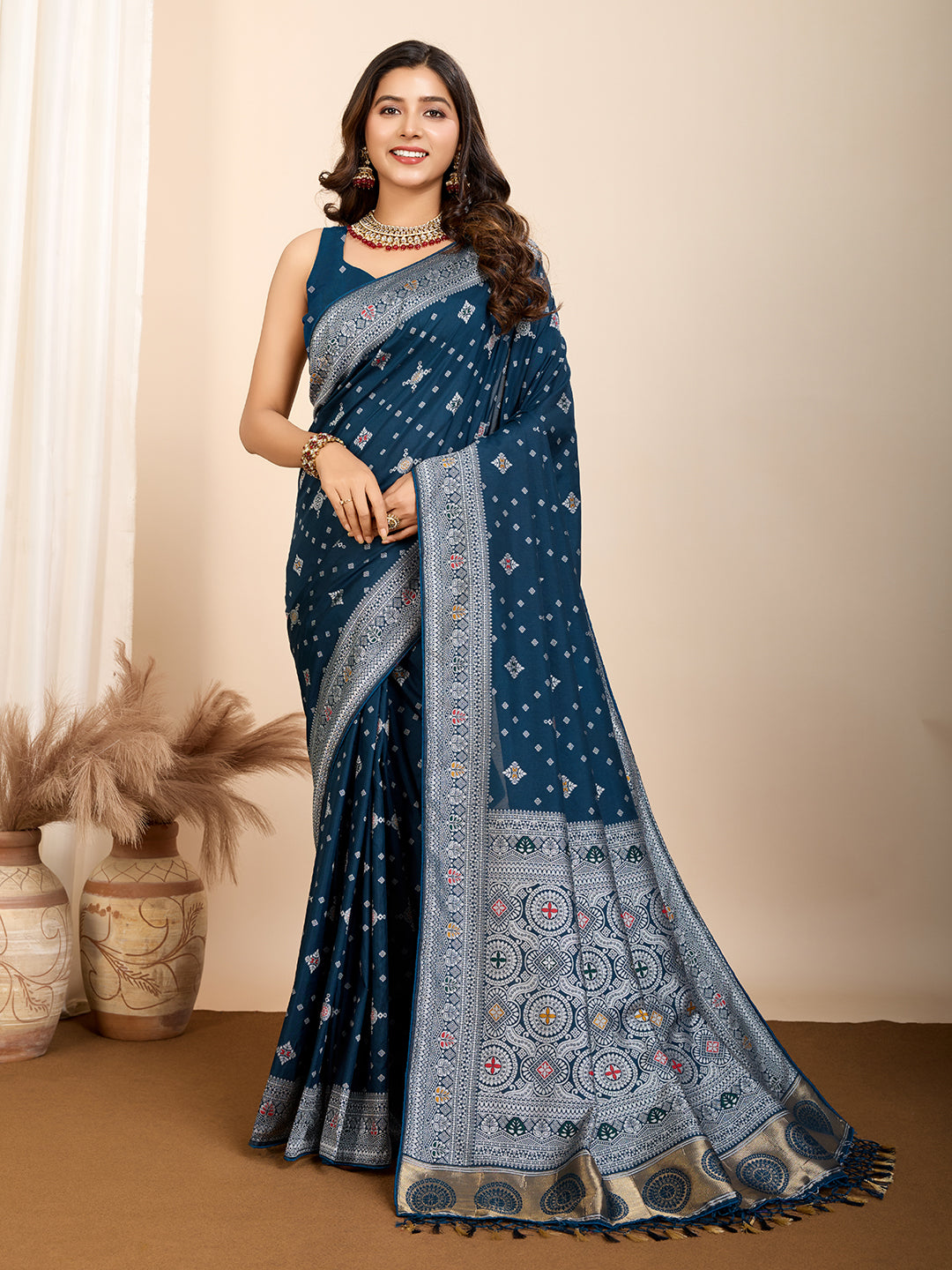 Teal Blue Soft Silk Woven Meenakari Designer Ethnic Saree