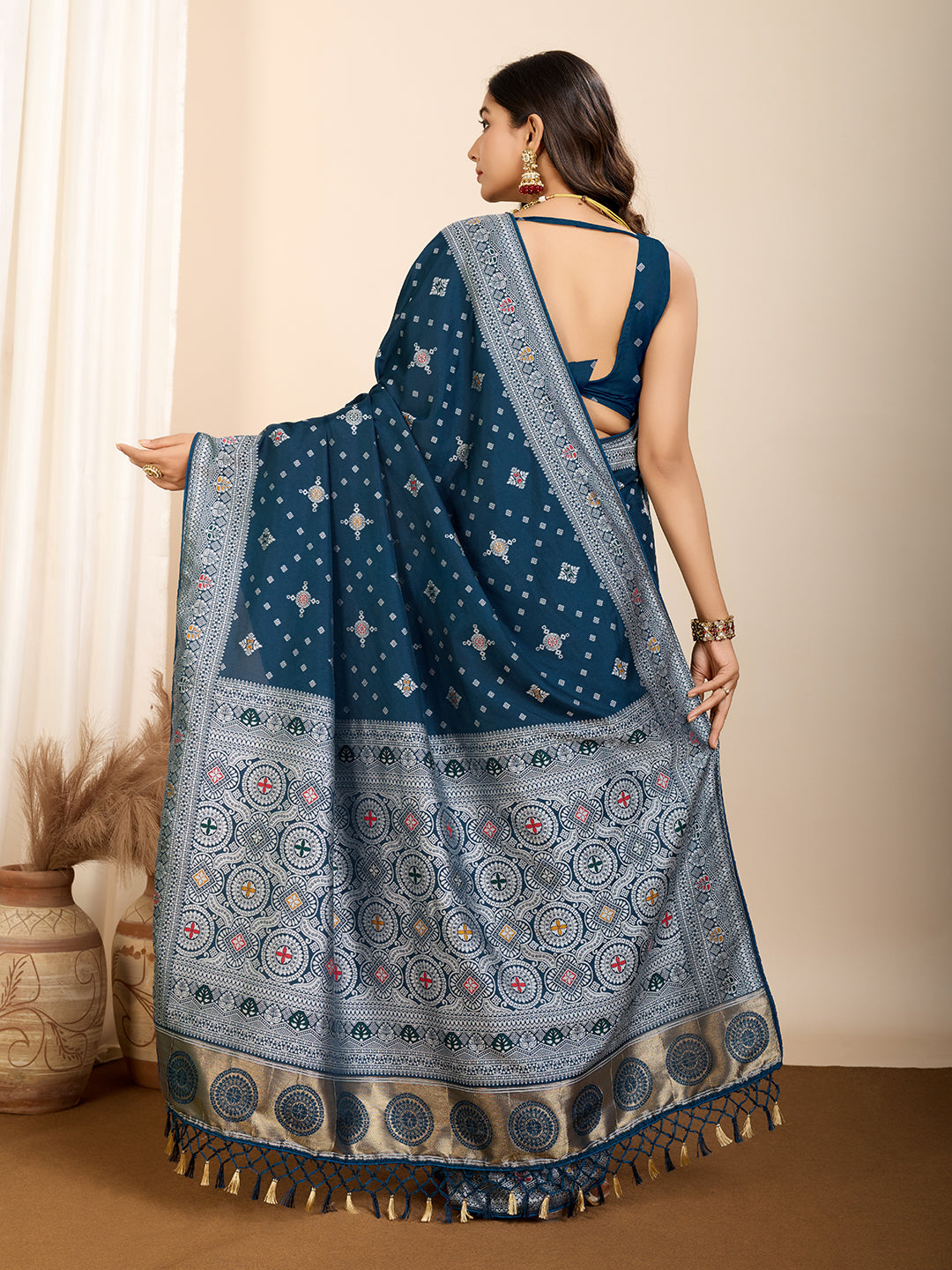 Teal Blue Soft Silk Woven Meenakari Designer Ethnic Saree