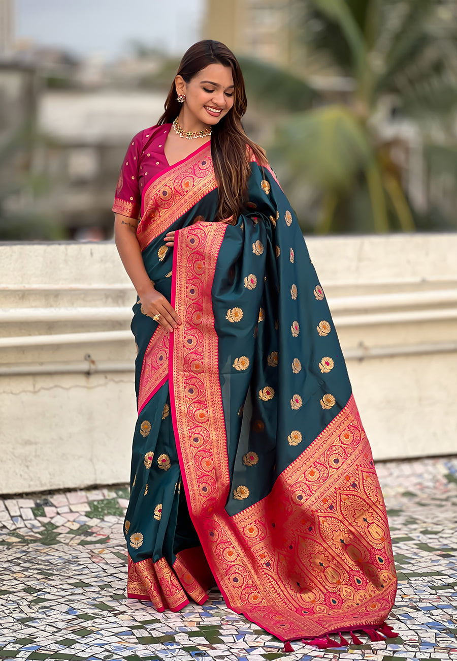 Teal Blue Soft Silk Woven Meenakari Designer Trending Partywear Saree