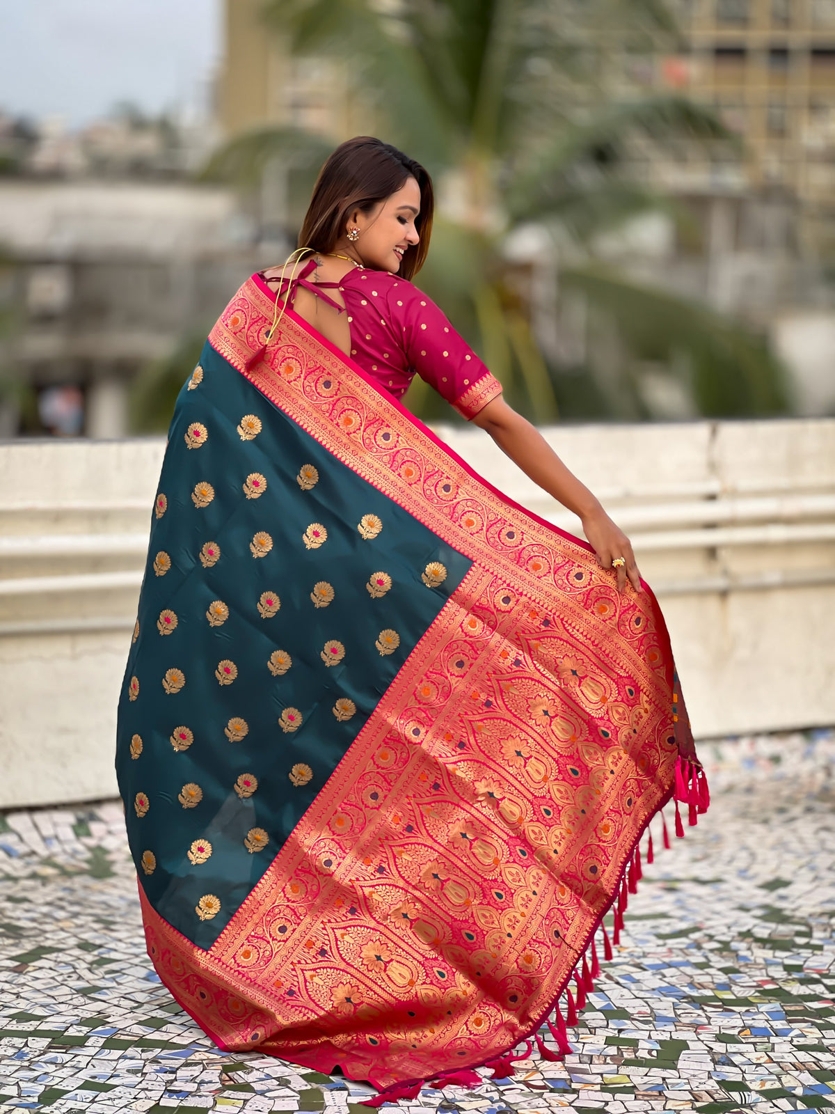 Teal Blue Soft Silk Woven Meenakari Designer Trending Partywear Saree