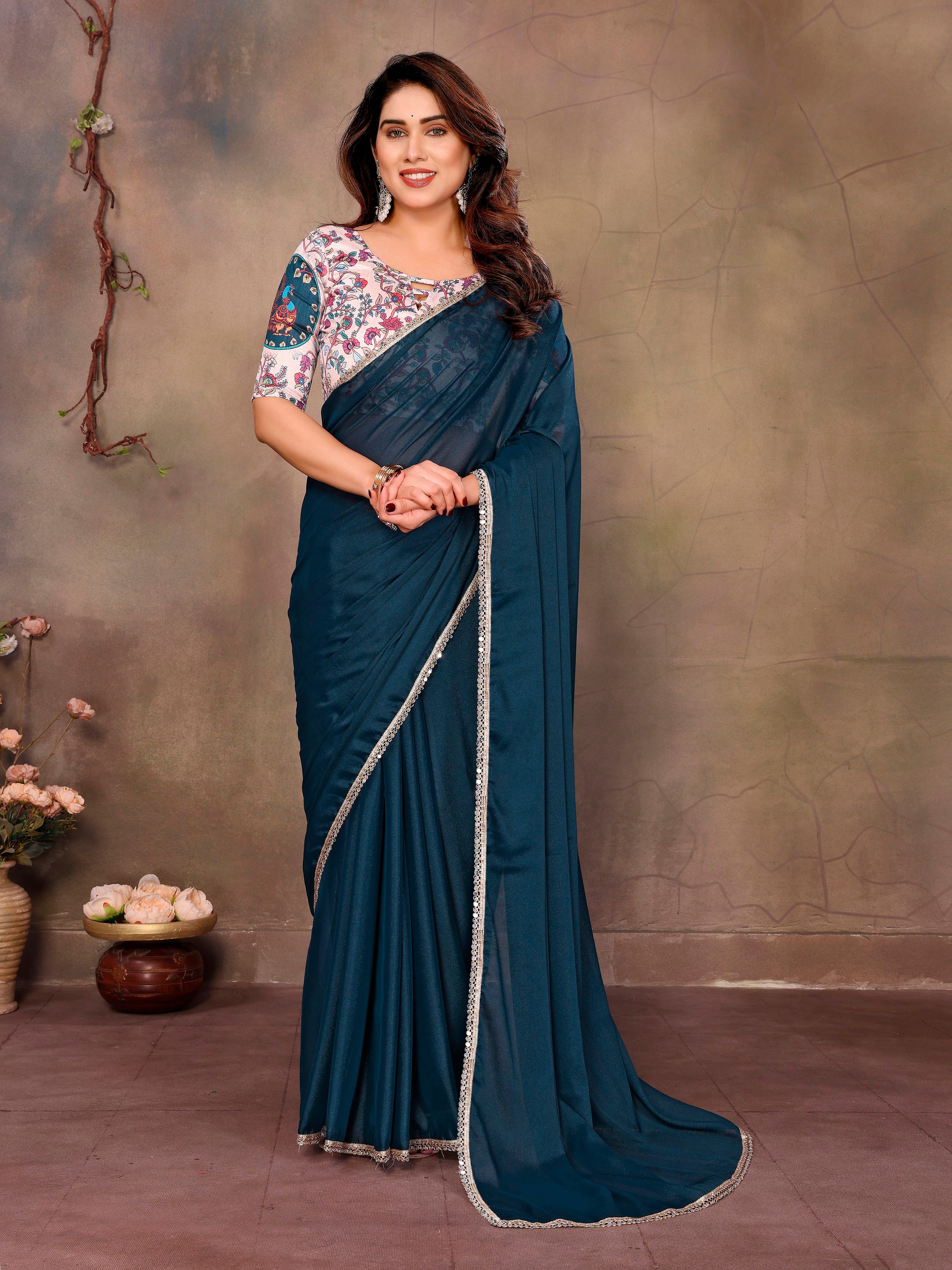 Teal Blue Solid Fancy Ethnic Saree For Ceremonial Girlie Looks