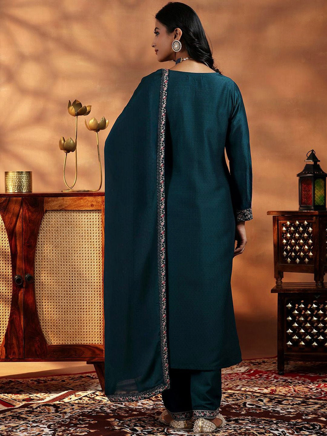 Teal Blue Vichitra Kurta Pant Set With Heavy Thread Embroidery Work