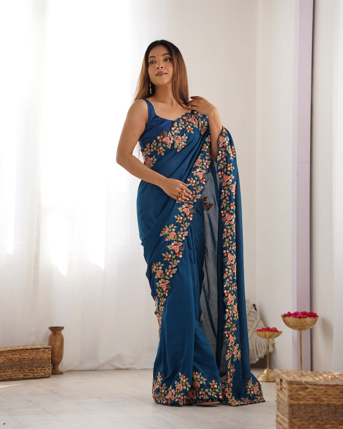 Teal Blue Vichitra Silk Designer Embrodery Work Ethnic Saree