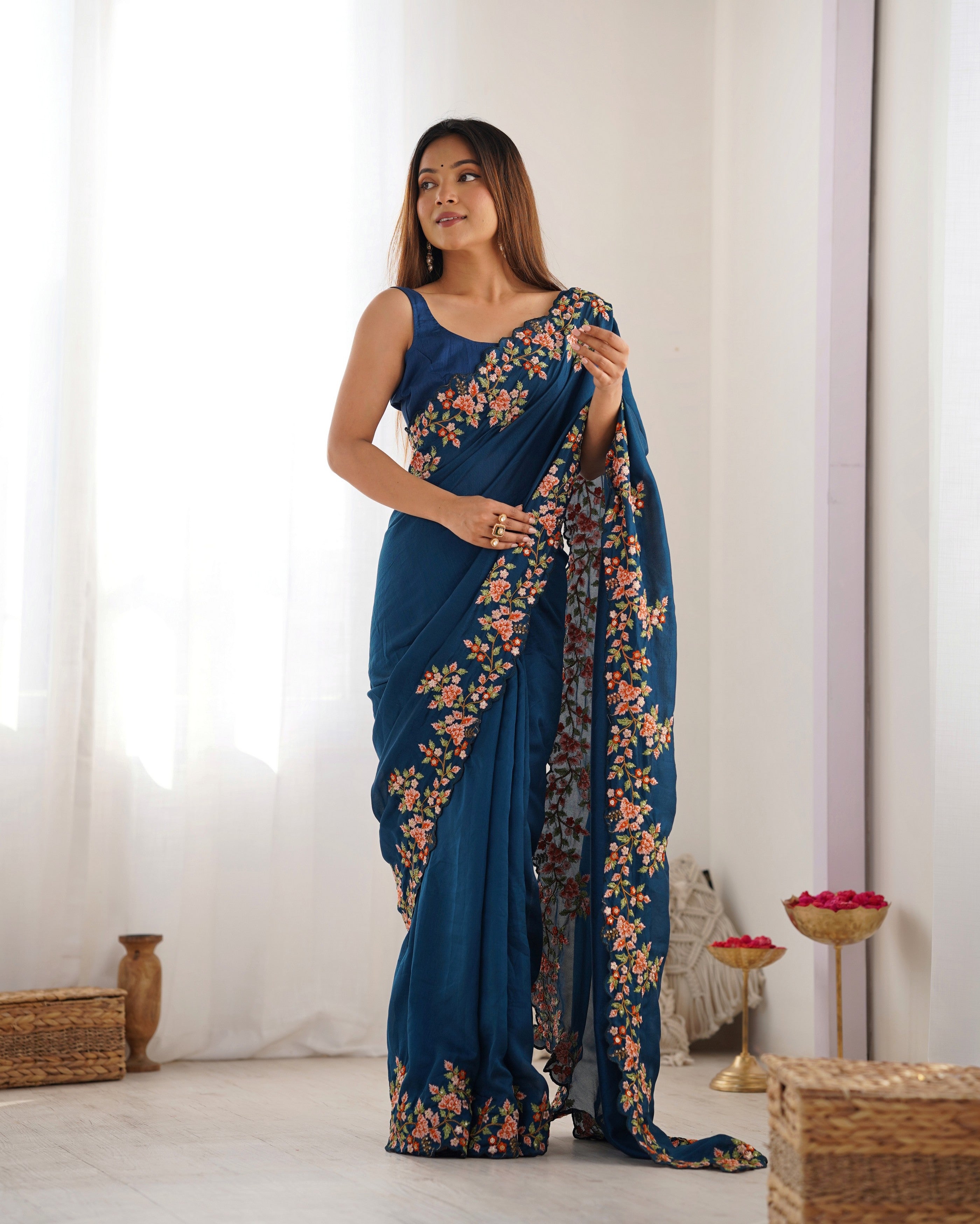 Teal Blue Vichitra Silk Designer Embrodery Work Ethnic Saree