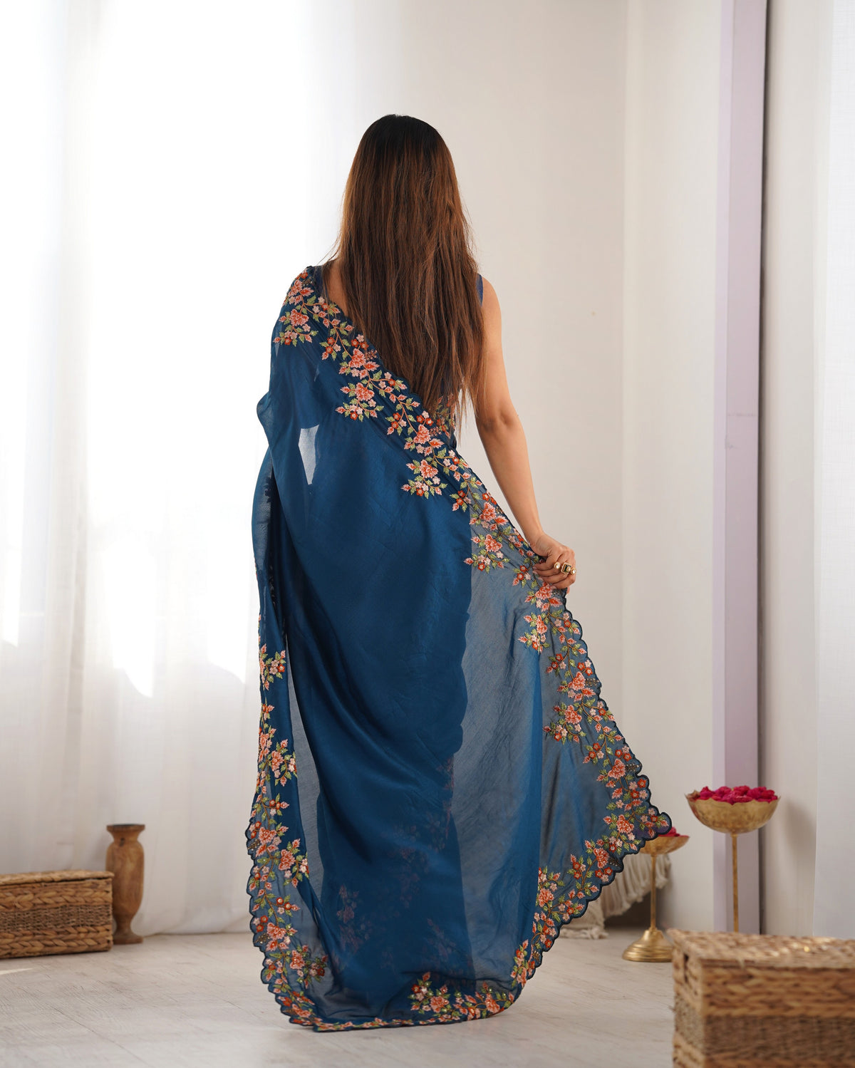 Teal Blue Vichitra Silk Designer Embrodery Work Ethnic Saree