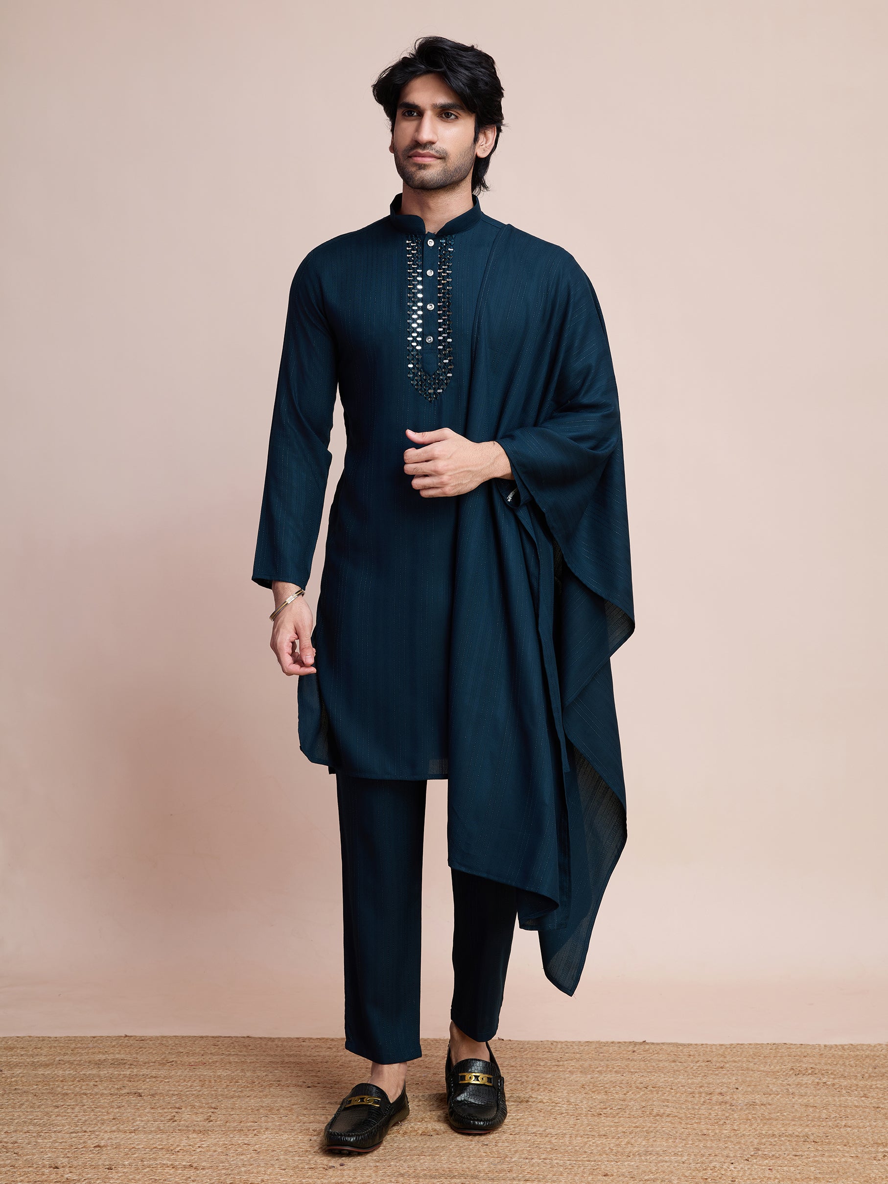 Teal Blue Viscose Kurta Payjama with Jacket – Modern Yet Ethnic