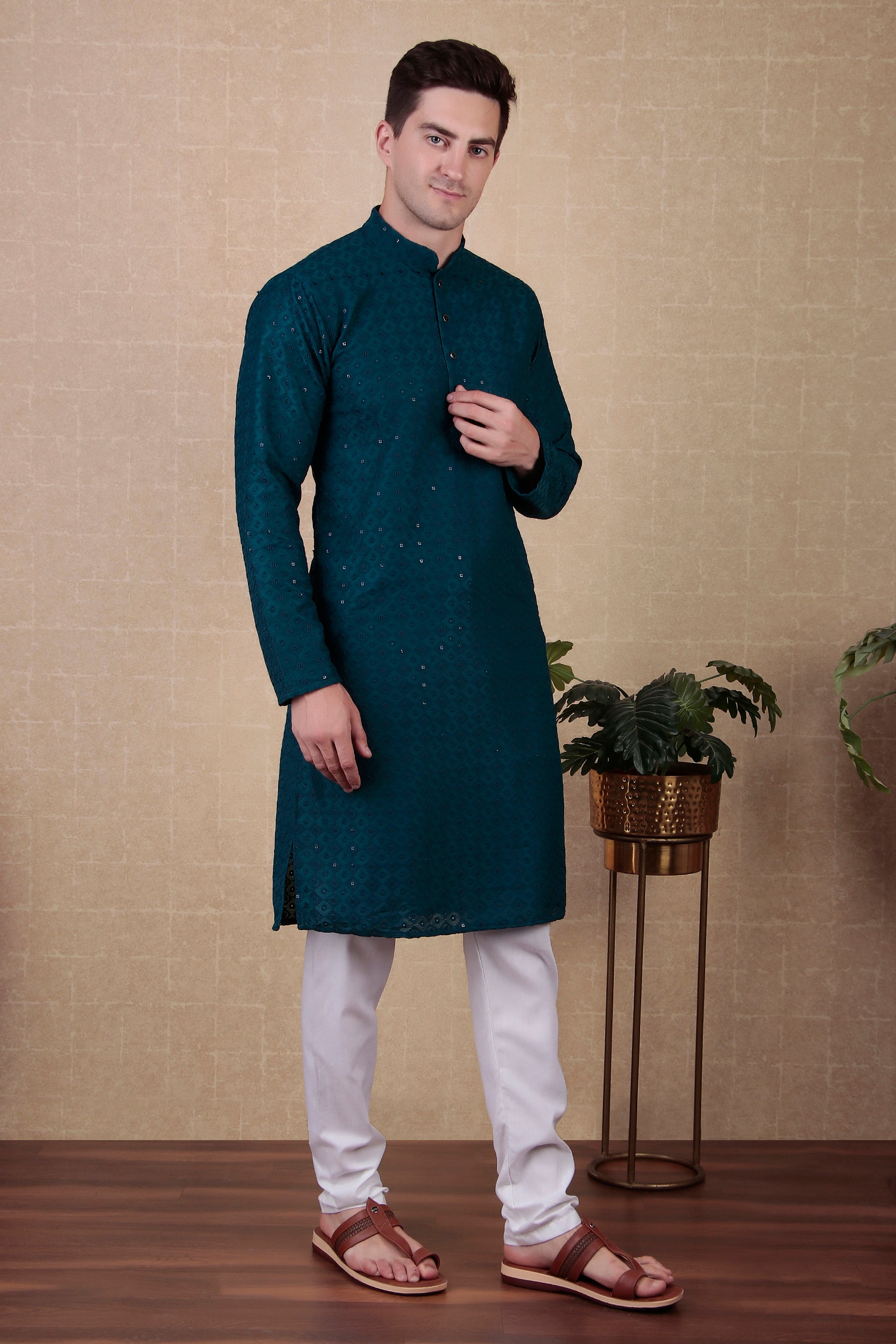 Teal Bollywood Style Kurta Payjama Set with Sequins – Eye-Catching Look