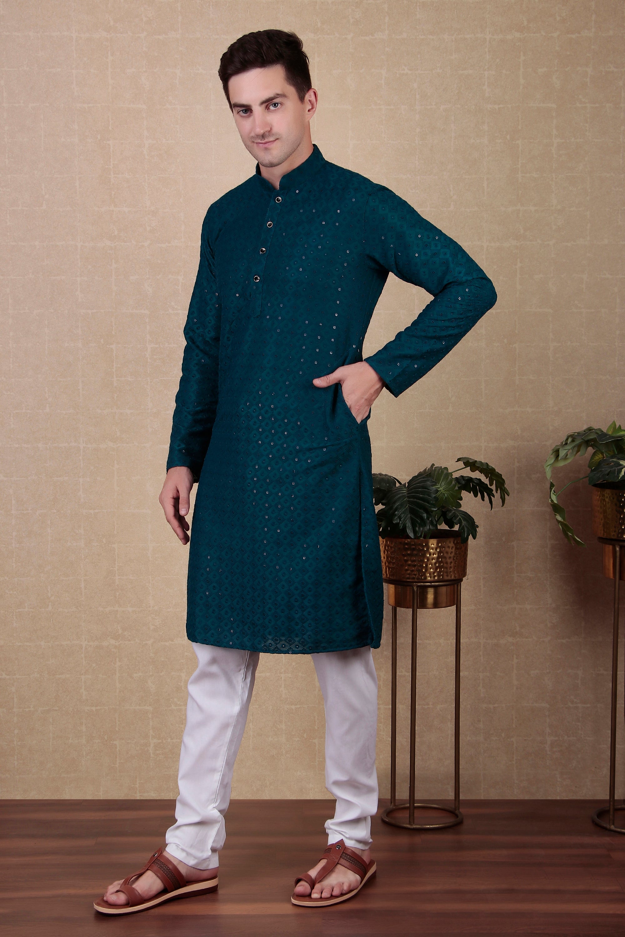 Teal Bollywood Style Kurta Payjama Set with Sequins – Eye-Catching Look