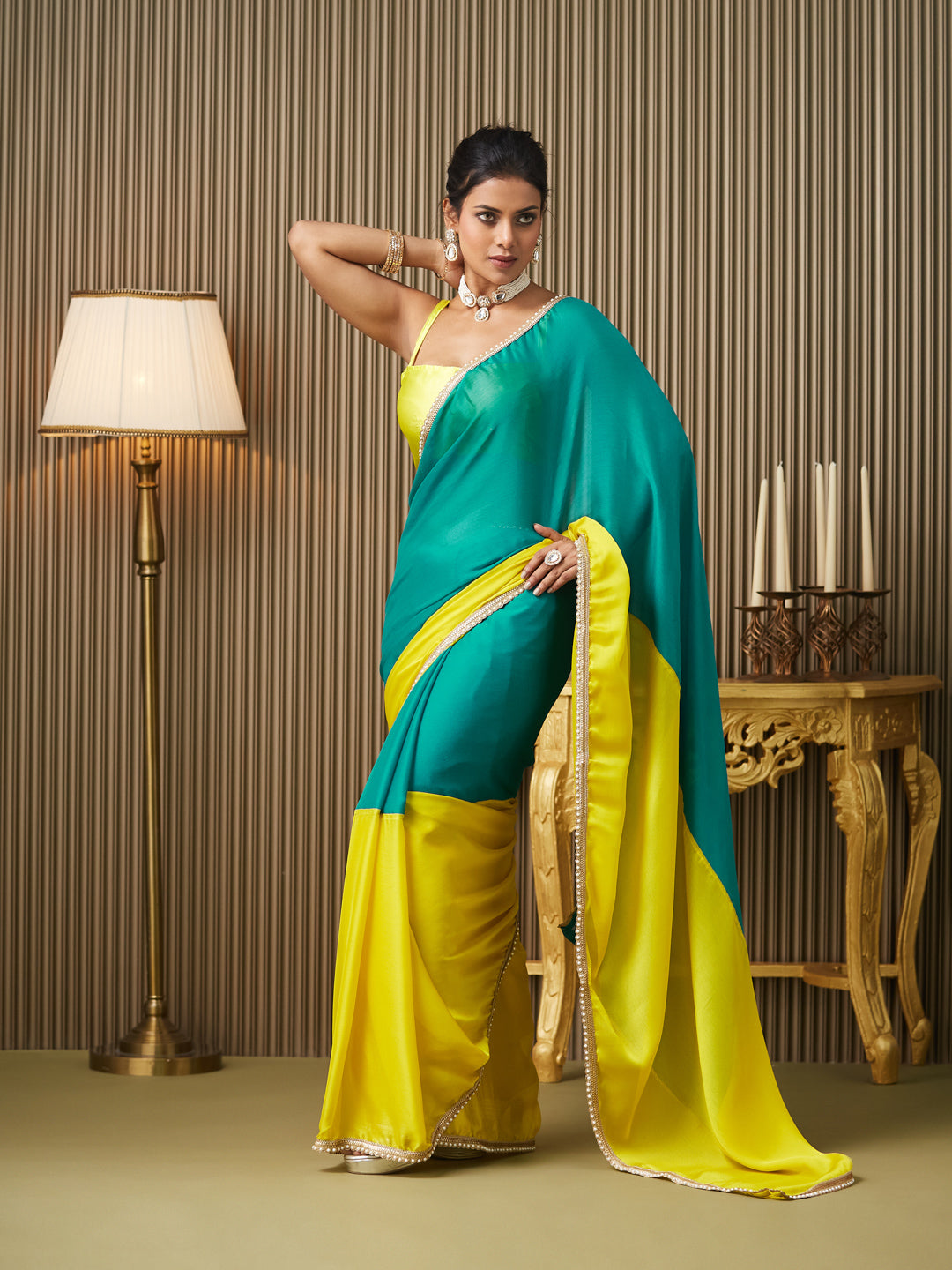 Teal Chiffon Motiwork Lace Blocked Ceremonial Saree